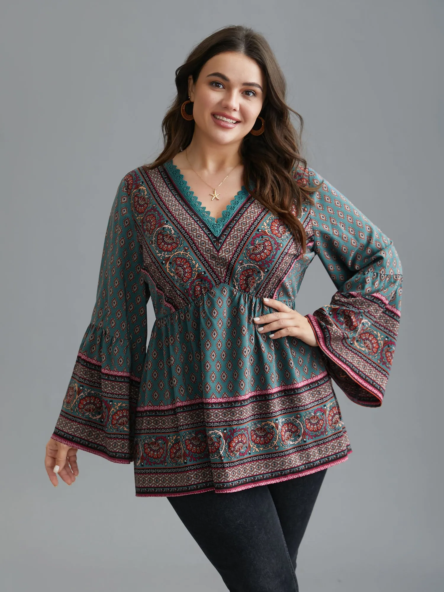 Boho Print Lace Trim V-Neck Ruffle Sleeve Blouse sold by Bloomchic