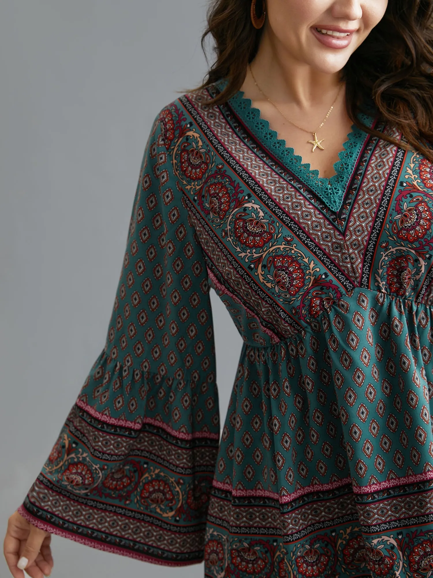 Boho Print Lace Trim V-Neck Ruffle Sleeve Blouse sold by Bloomchic product image thumbnail 5