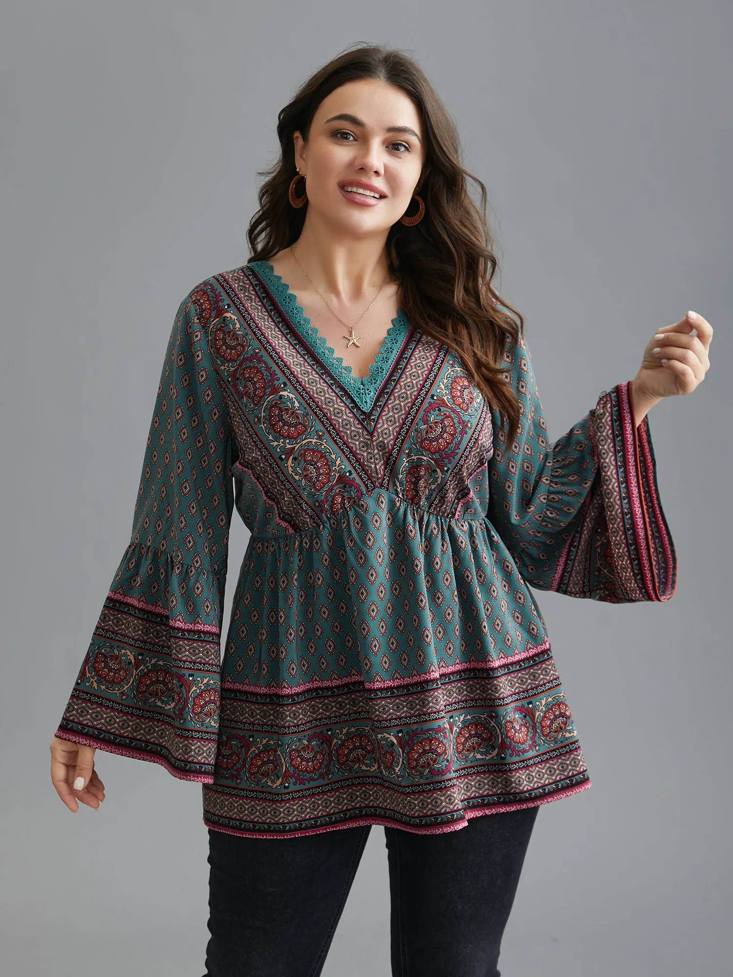 Boho Print Lace Trim V-Neck Ruffle Sleeve Blouse sold by Bloomchic product image thumbnail 3