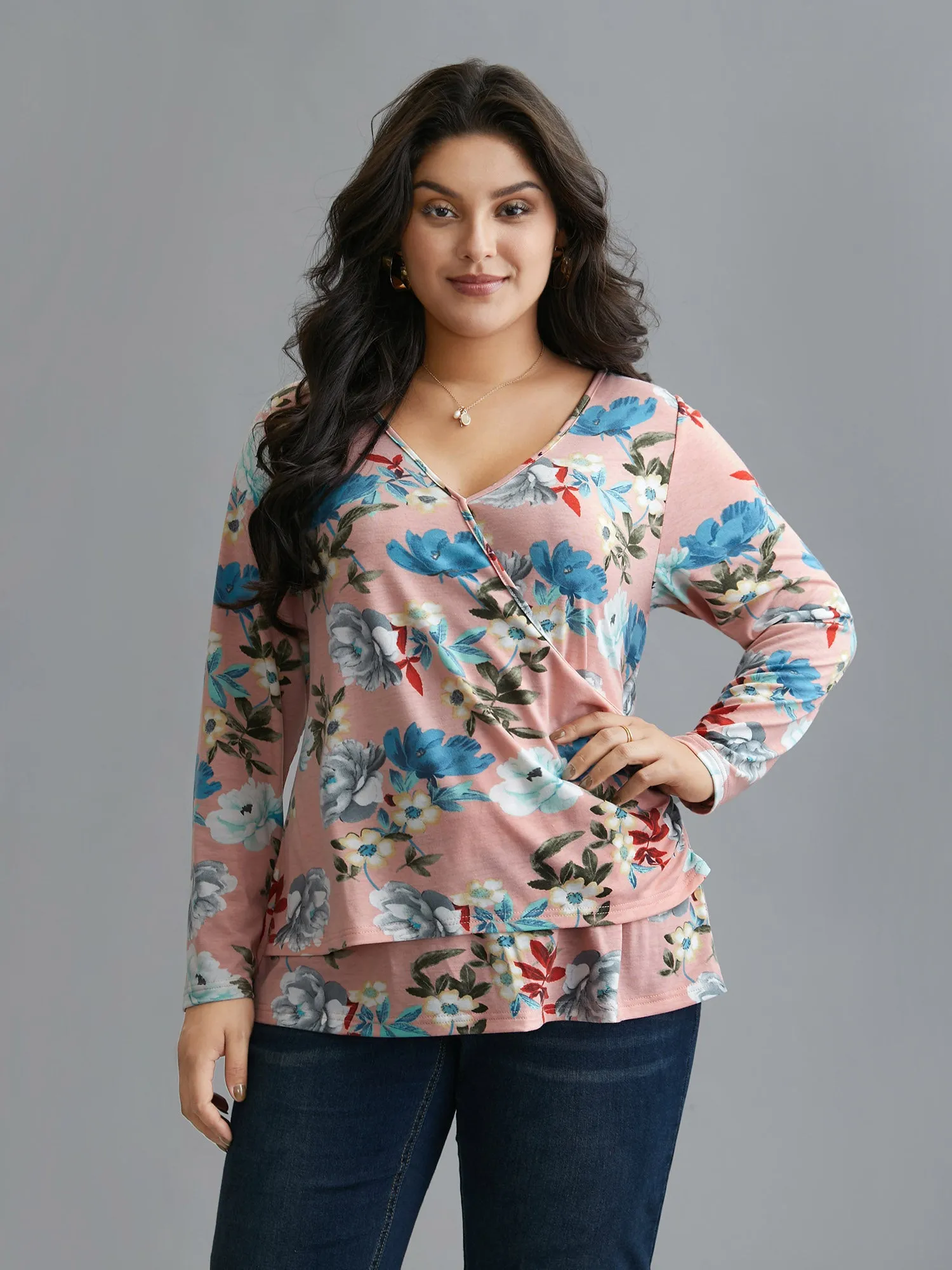 Floral Print Surplice Neck Knit Top sold by Bloomchic