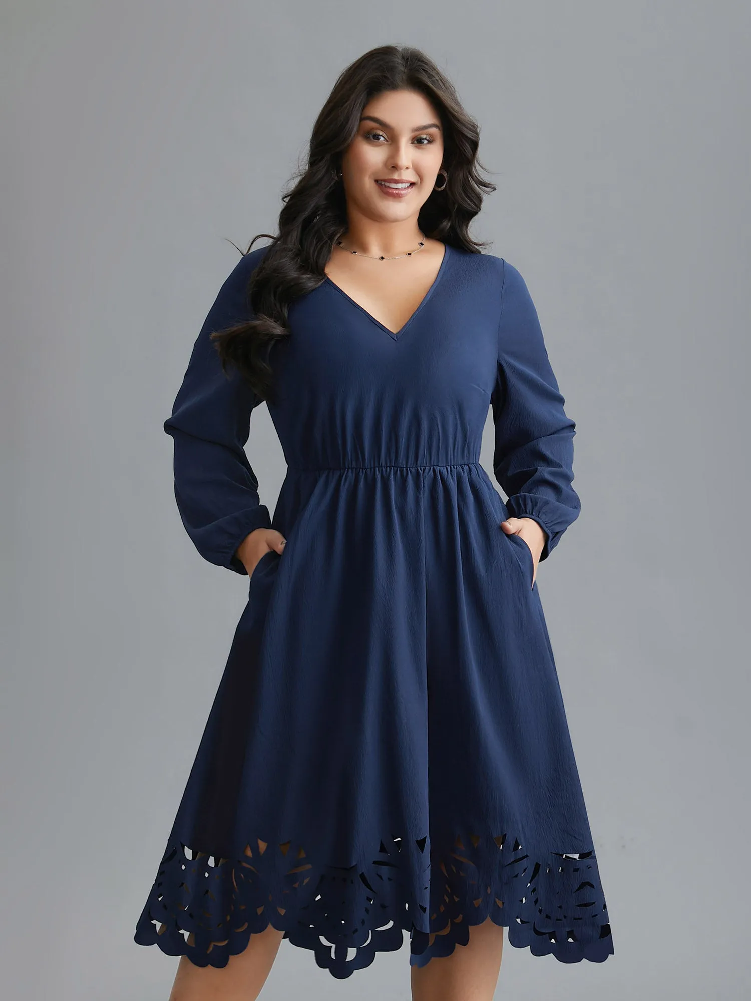 Laser Cut Elastic Waist Pocketed Midi Dress sold by Bloomchic