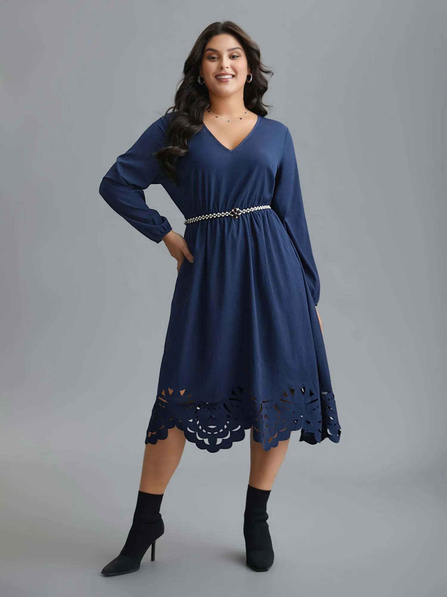 Laser Cut Elastic Waist Pocketed Midi Dress sold by Bloomchic product image thumbnail 4