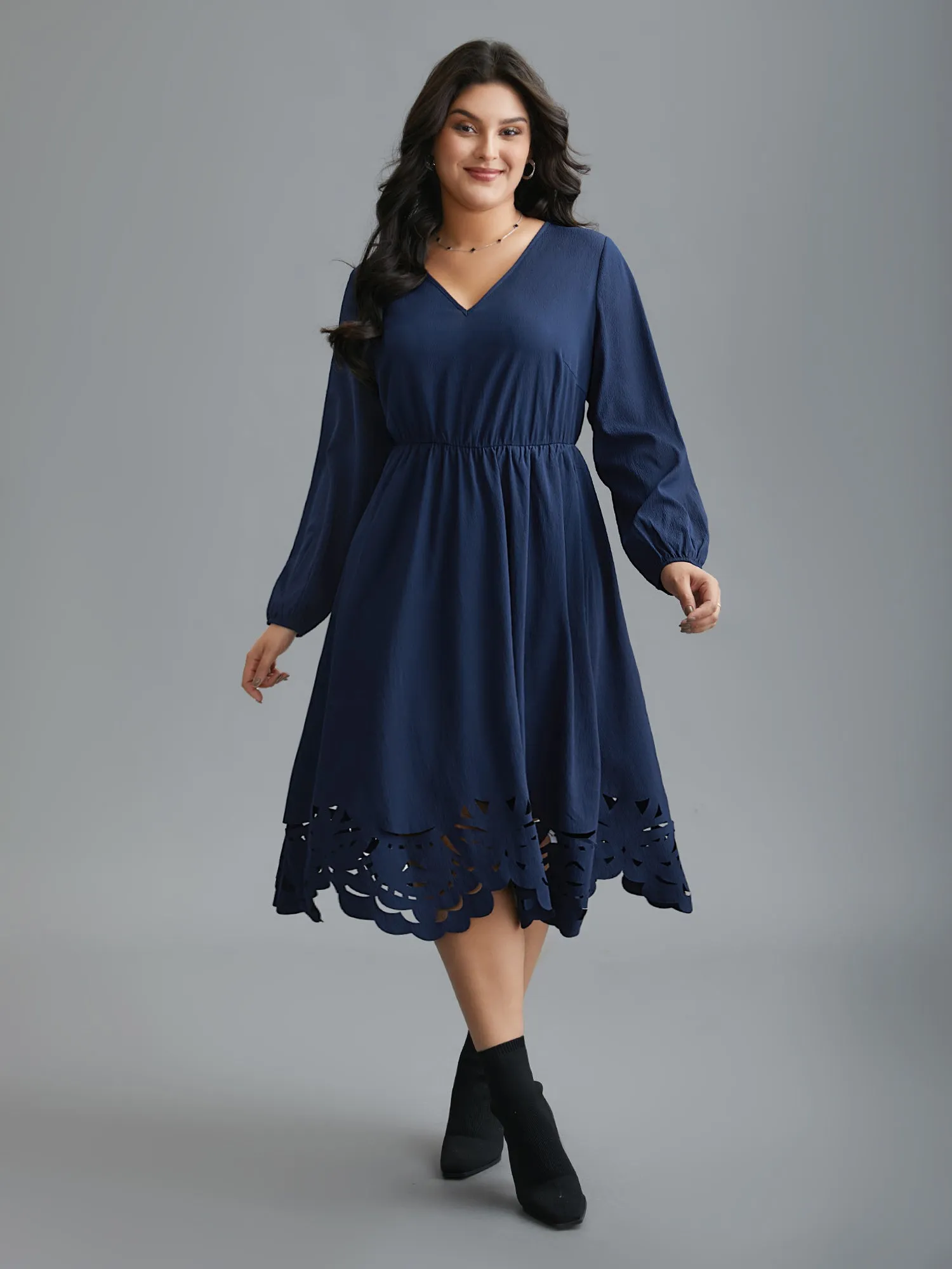 Laser Cut Elastic Waist Pocketed Midi Dress sold by Bloomchic product image thumbnail 3