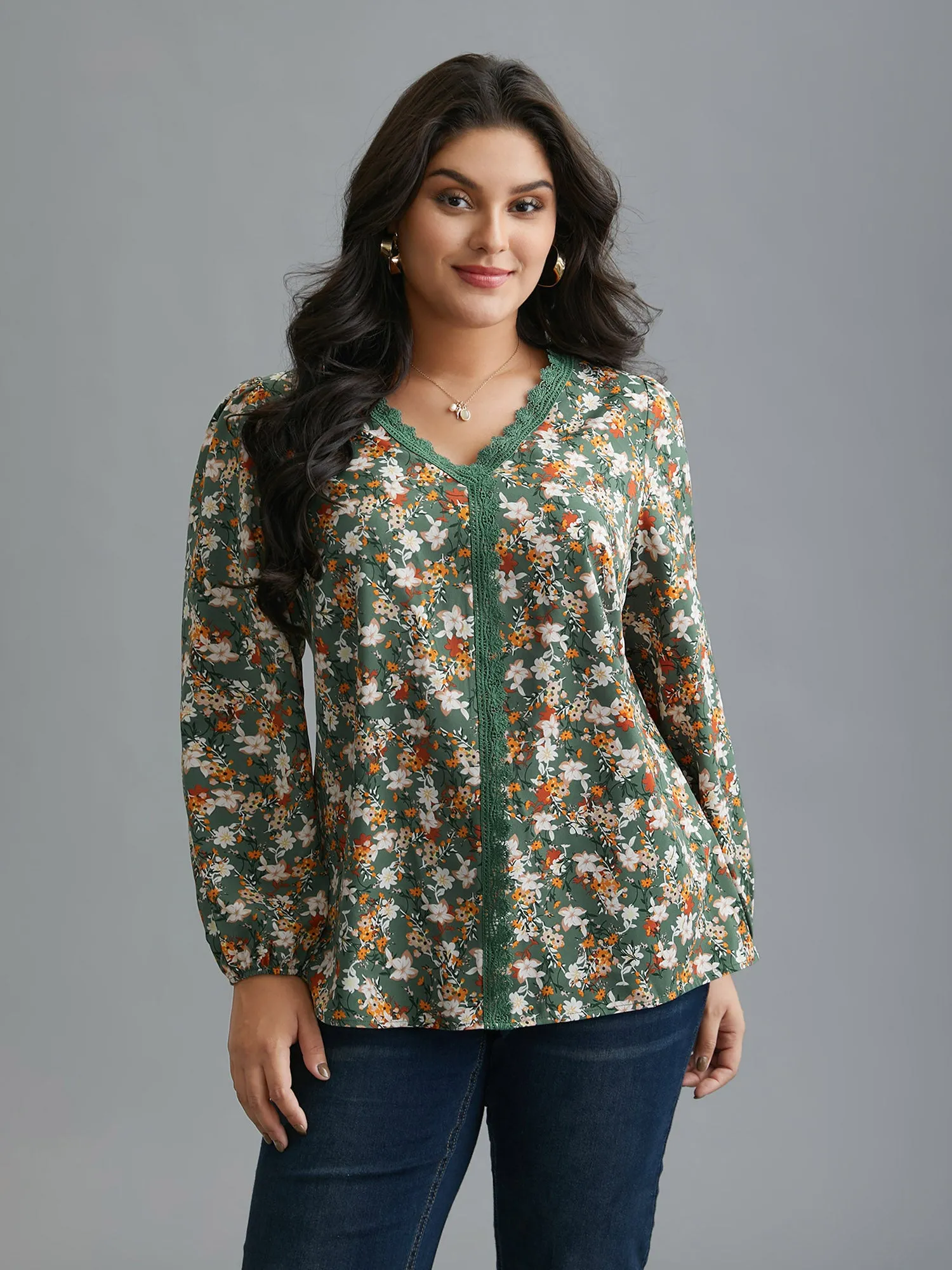 Floral Lace Panel Lantern Sleeve Blouse sold by Bloomchic product image thumbnail 3