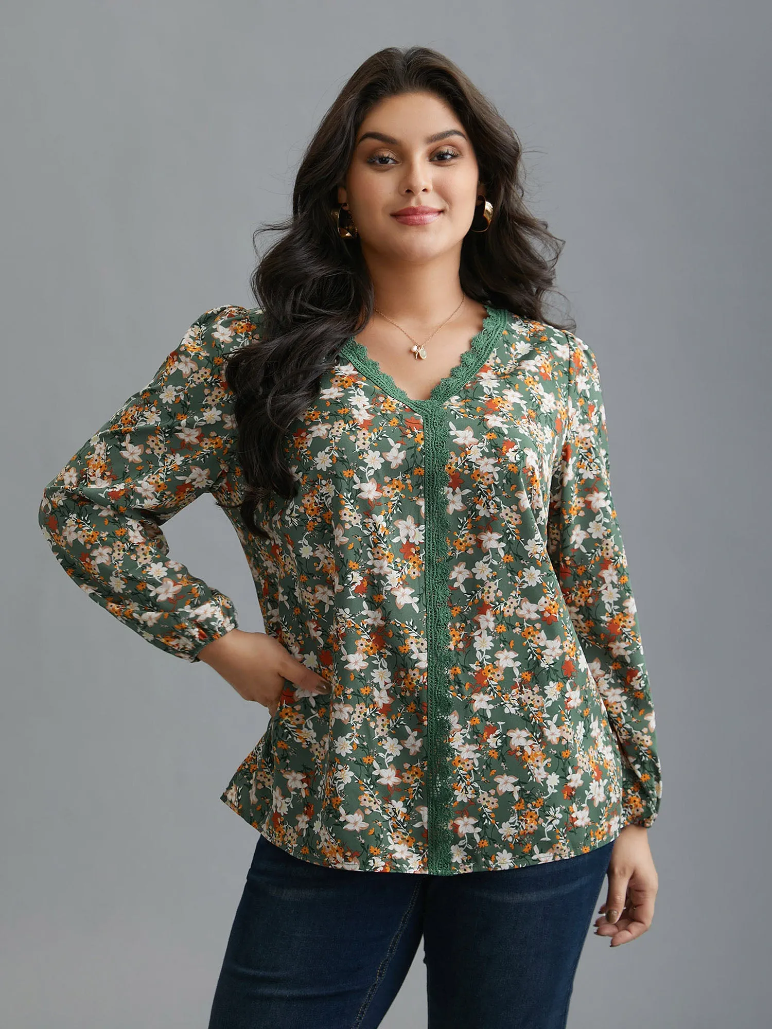 Floral Lace Panel Lantern Sleeve Blouse sold by Bloomchic