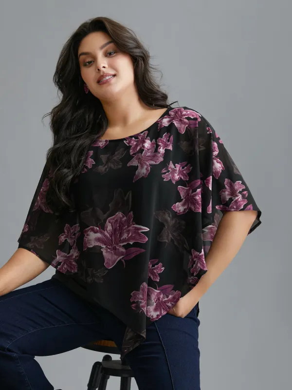 Floral Asymmetrical Sheer Dolman Sleeve Blouse sold by Bloomchic