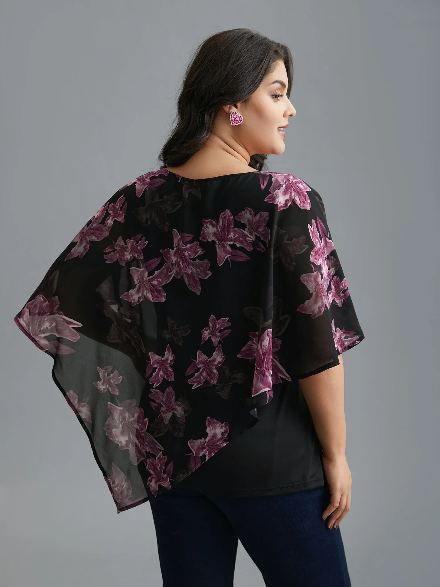 Floral Asymmetrical Sheer Dolman Sleeve Blouse sold by Bloomchic product image thumbnail 5
