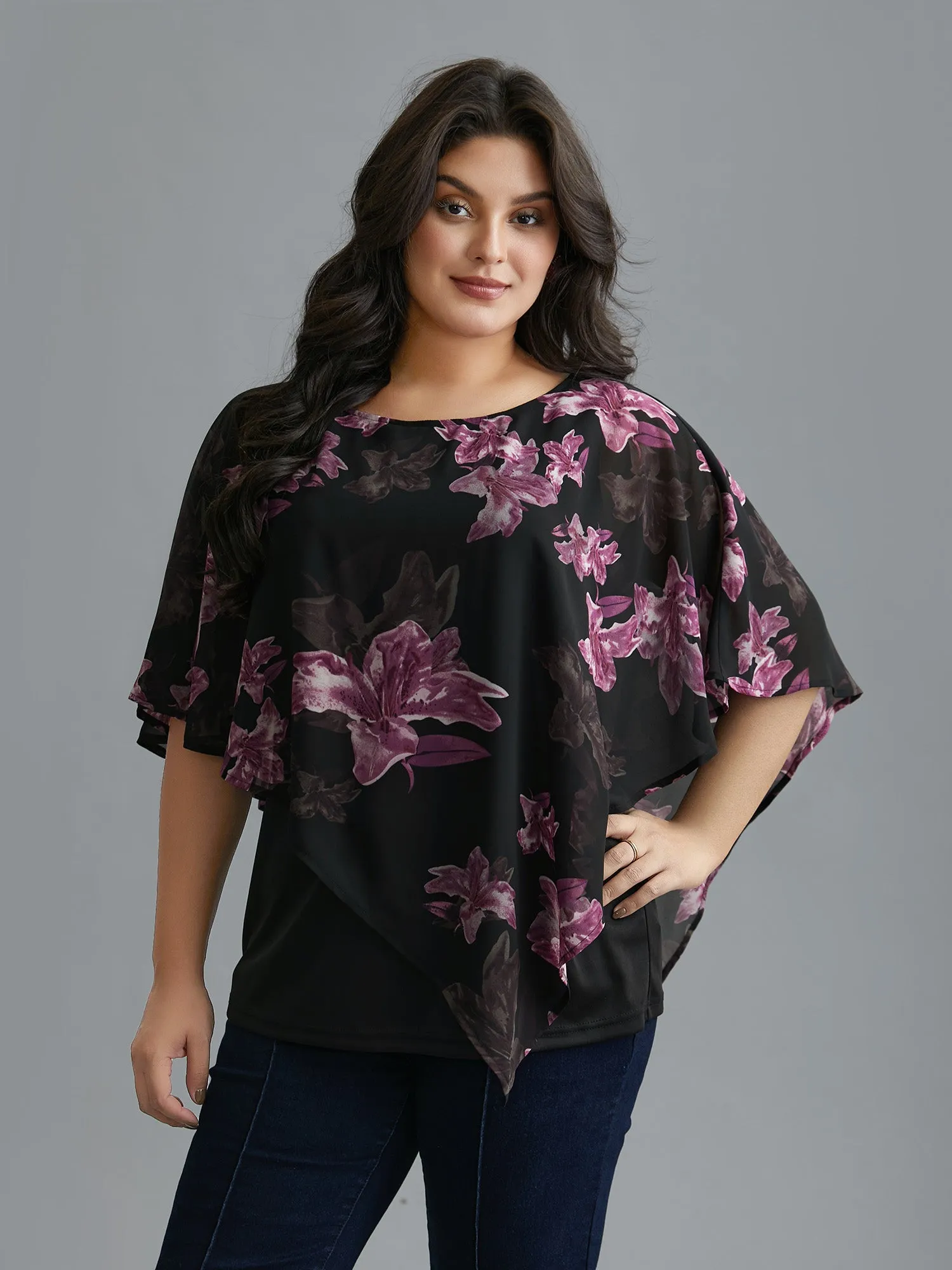 Floral Asymmetrical Sheer Dolman Sleeve Blouse sold by Bloomchic product image thumbnail 3