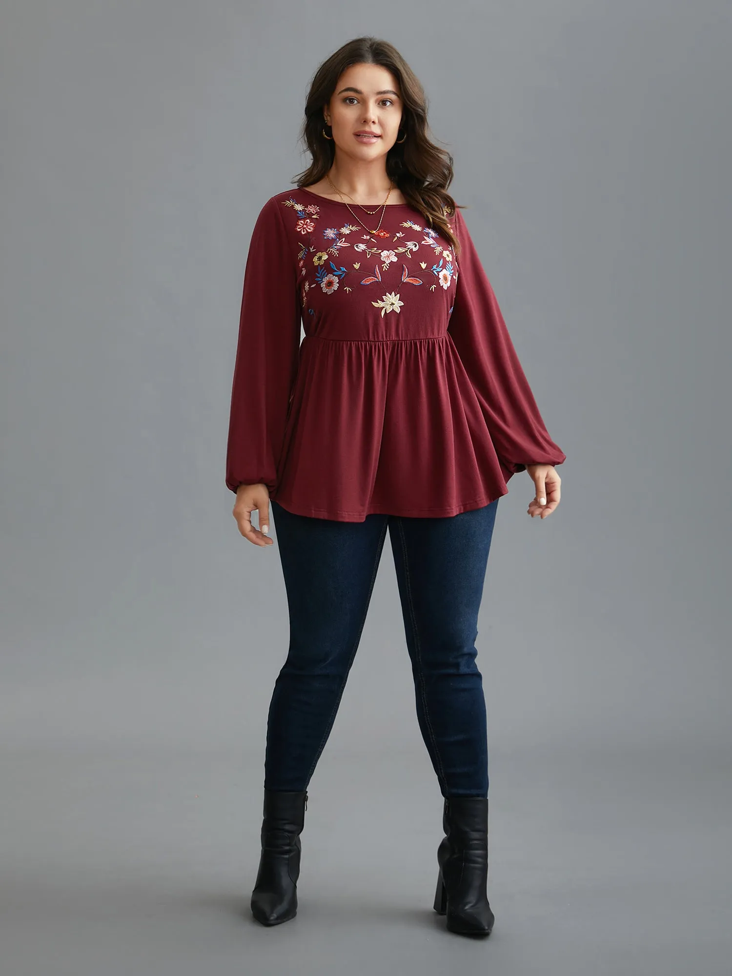 Floral Embroidery Gathered Lantern Sleeve T-shirt sold by Bloomchic product image thumbnail 4