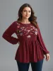 Floral Embroidery Gathered Lantern Sleeve T-shirt sold by Bloomchic
