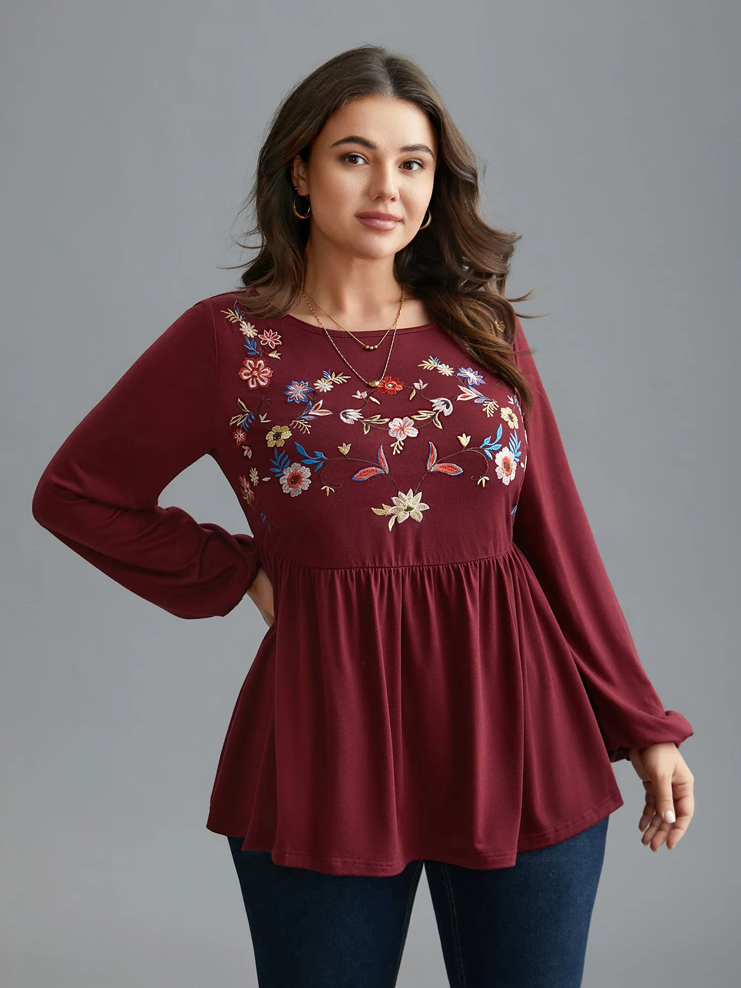 Floral Embroidery Gathered Lantern Sleeve T-shirt sold by Bloomchic product image thumbnail 2