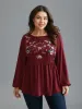 Floral Embroidery Gathered Lantern Sleeve T-shirt sold by Bloomchic