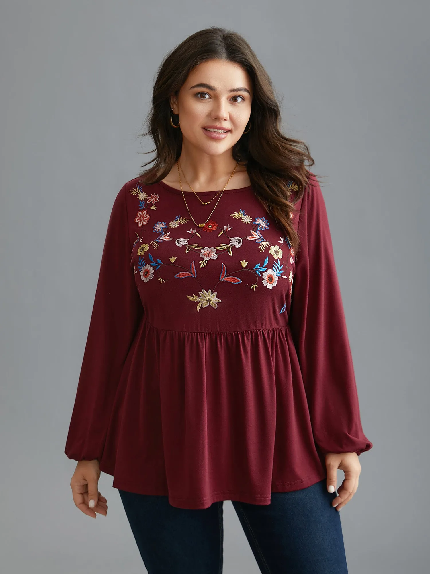 Floral Embroidery Gathered Lantern Sleeve T-shirt sold by Bloomchic