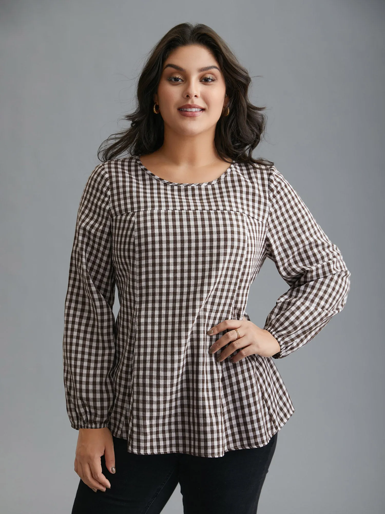 Gingham Elastic Cuff Round Neck Shirt sold by Bloomchic product image thumbnail 3