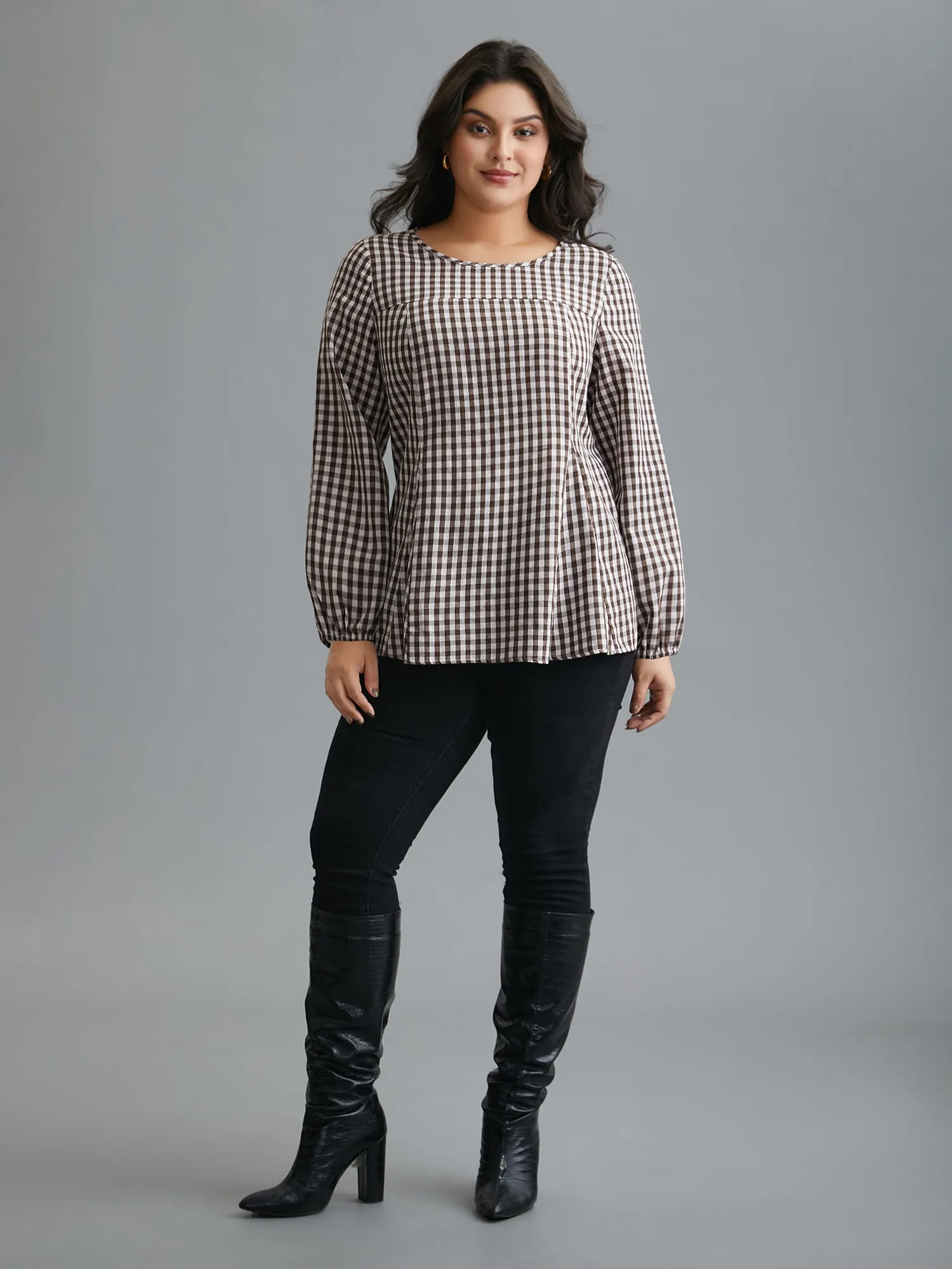 Gingham Elastic Cuff Round Neck Shirt sold by Bloomchic product image thumbnail 2