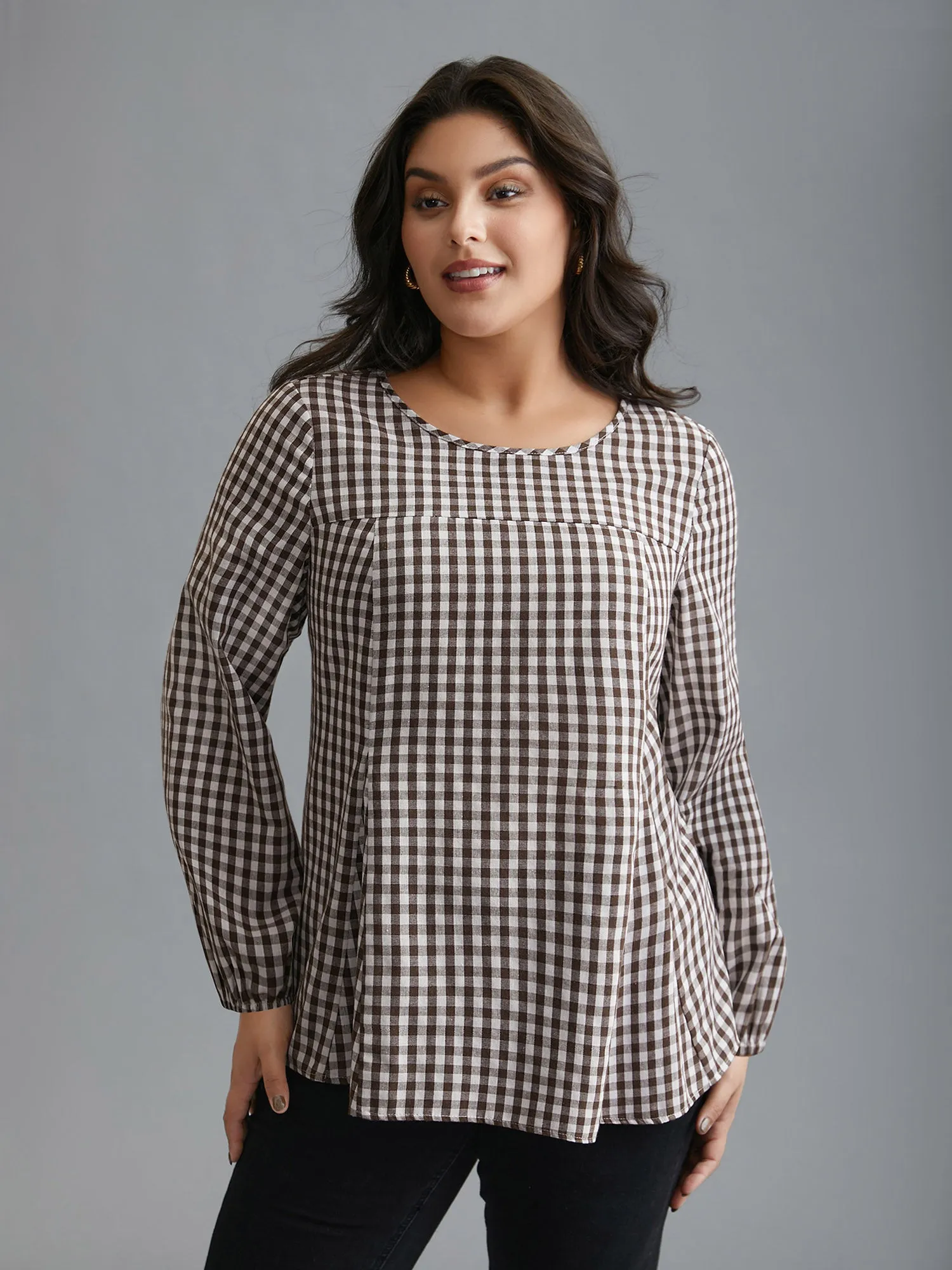 Gingham Elastic Cuff Round Neck Shirt sold by Bloomchic