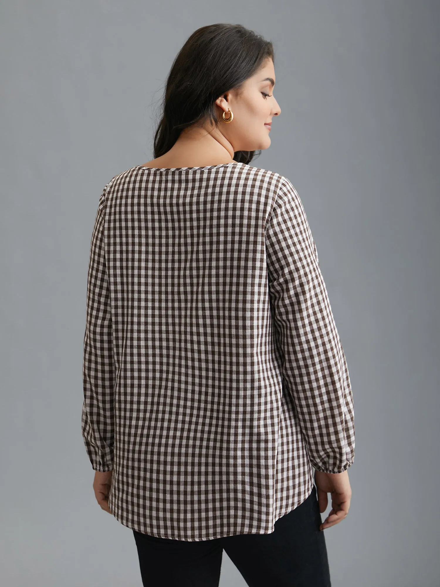 Gingham Elastic Cuff Round Neck Shirt sold by Bloomchic product image thumbnail 4
