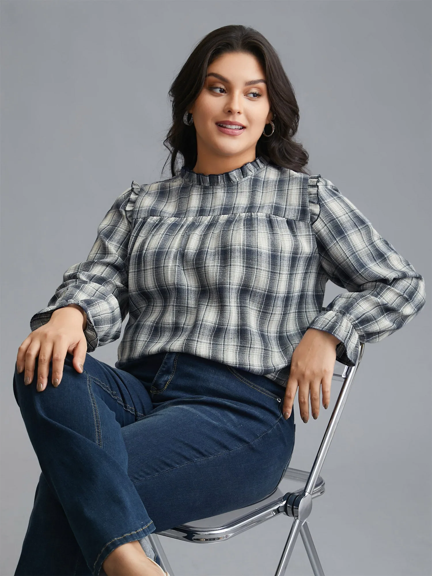 Plaid Ruffle Trim Gathered Blouse sold by Bloomchic product image thumbnail 4