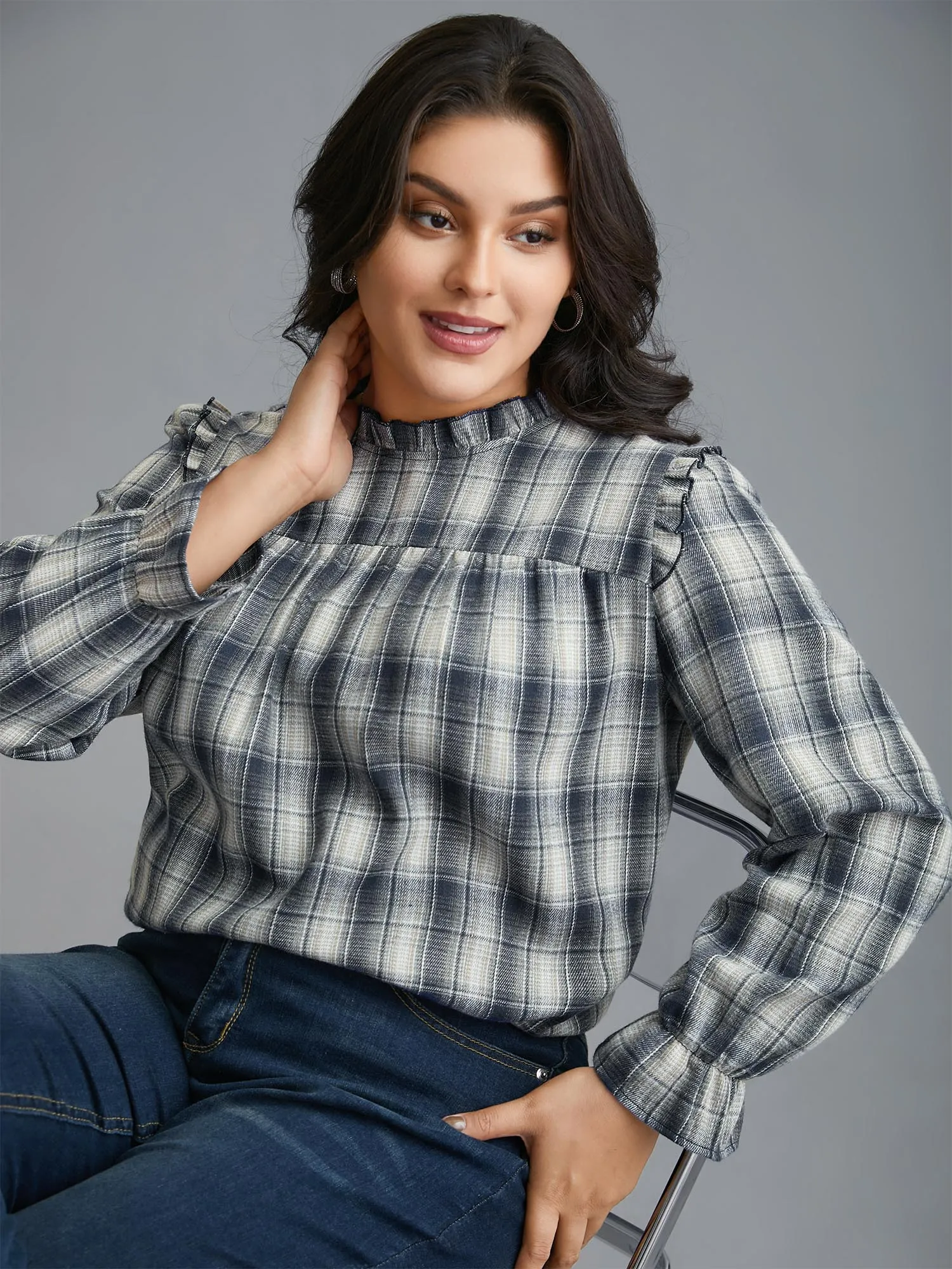 Plaid Ruffle Trim Gathered Blouse sold by Bloomchic product image thumbnail 3