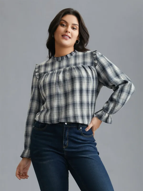 Plaid Ruffle Trim Gathered Blouse sold by Bloomchic
