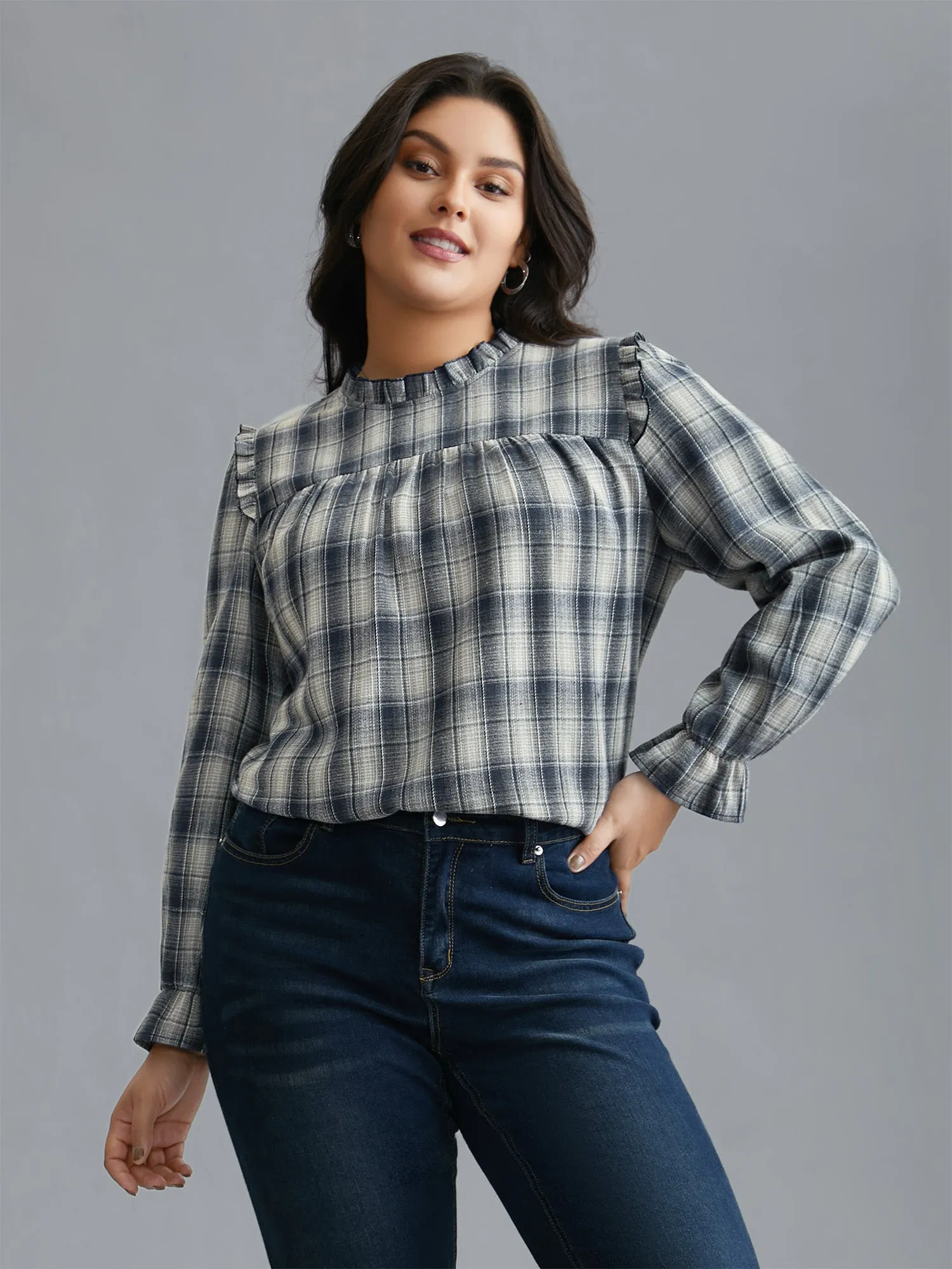 Plaid Ruffle Trim Gathered Blouse sold by Bloomchic