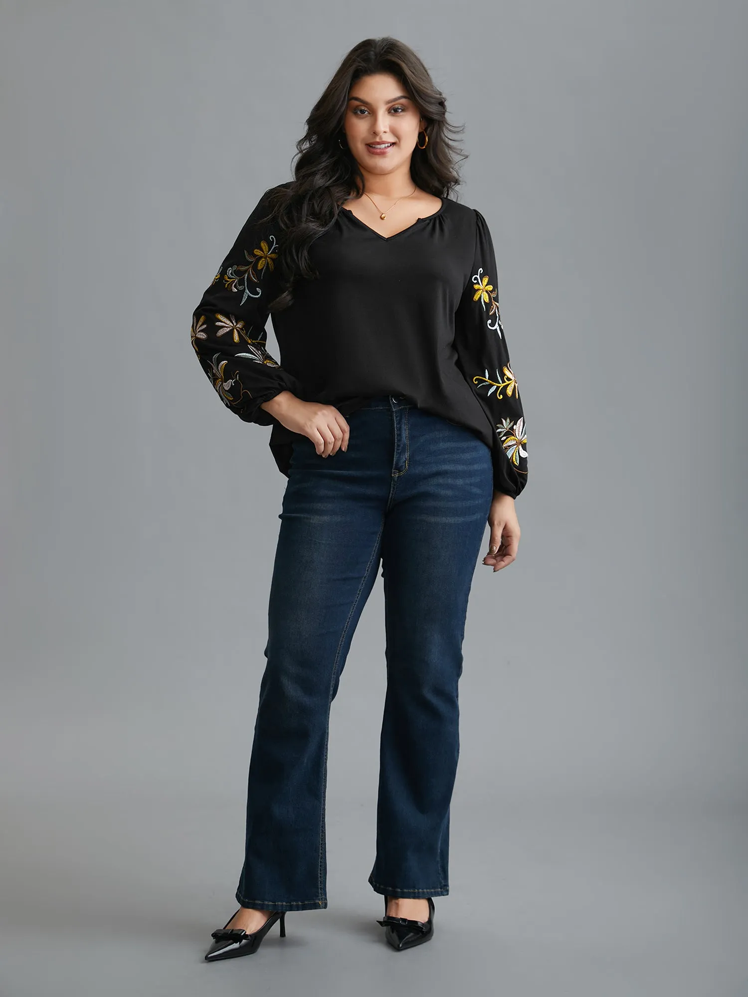 Floral Embroidered Sleeve Notched Neckline T-shirt sold by Bloomchic product image thumbnail 3