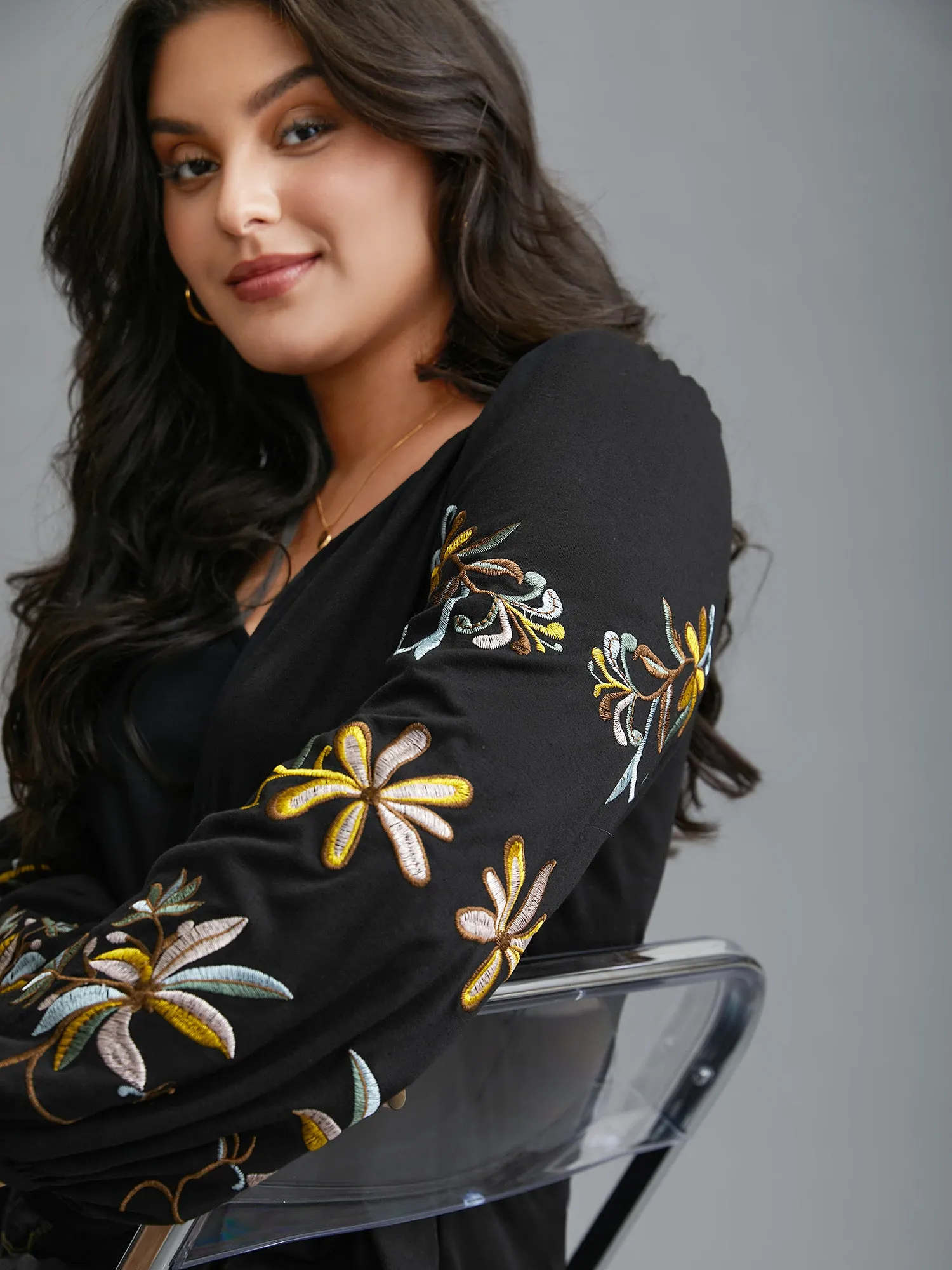 Floral Embroidered Sleeve Notched Neckline T-shirt sold by Bloomchic product image thumbnail 2