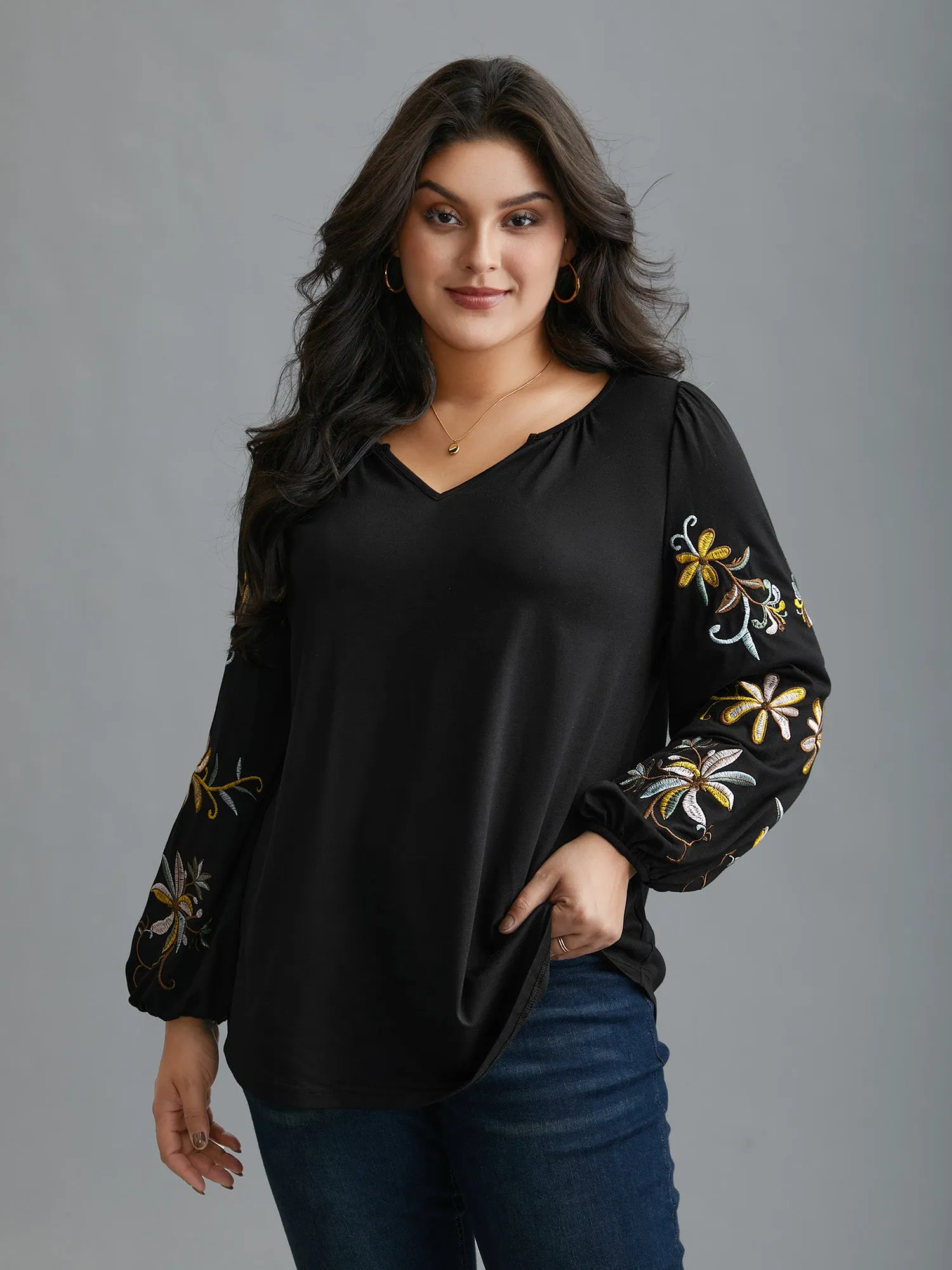 Floral Embroidered Sleeve Notched Neckline T-shirt sold by Bloomchic