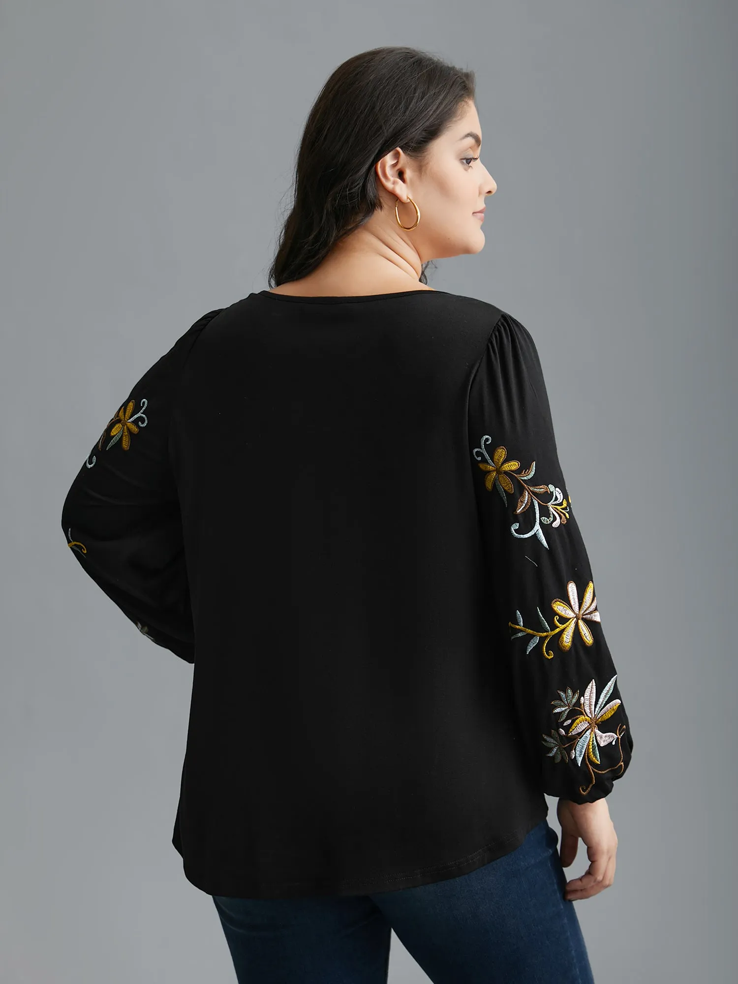 Floral Embroidered Sleeve Notched Neckline T-shirt sold by Bloomchic product image thumbnail 5