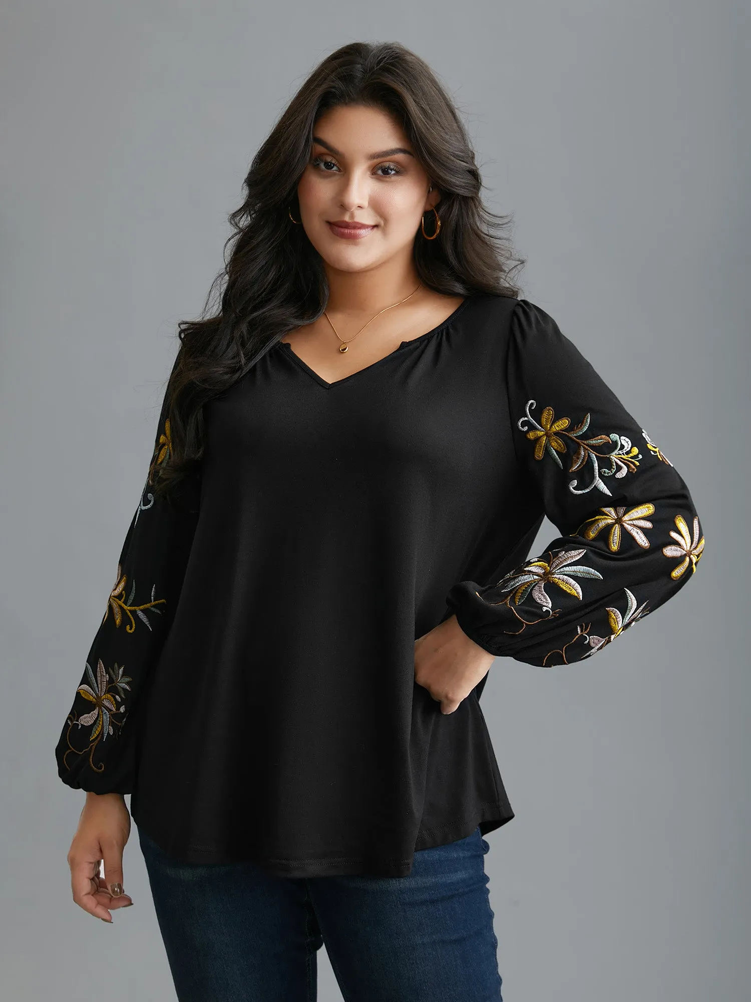 Floral Embroidered Sleeve Notched Neckline T-shirt sold by Bloomchic product image thumbnail 4