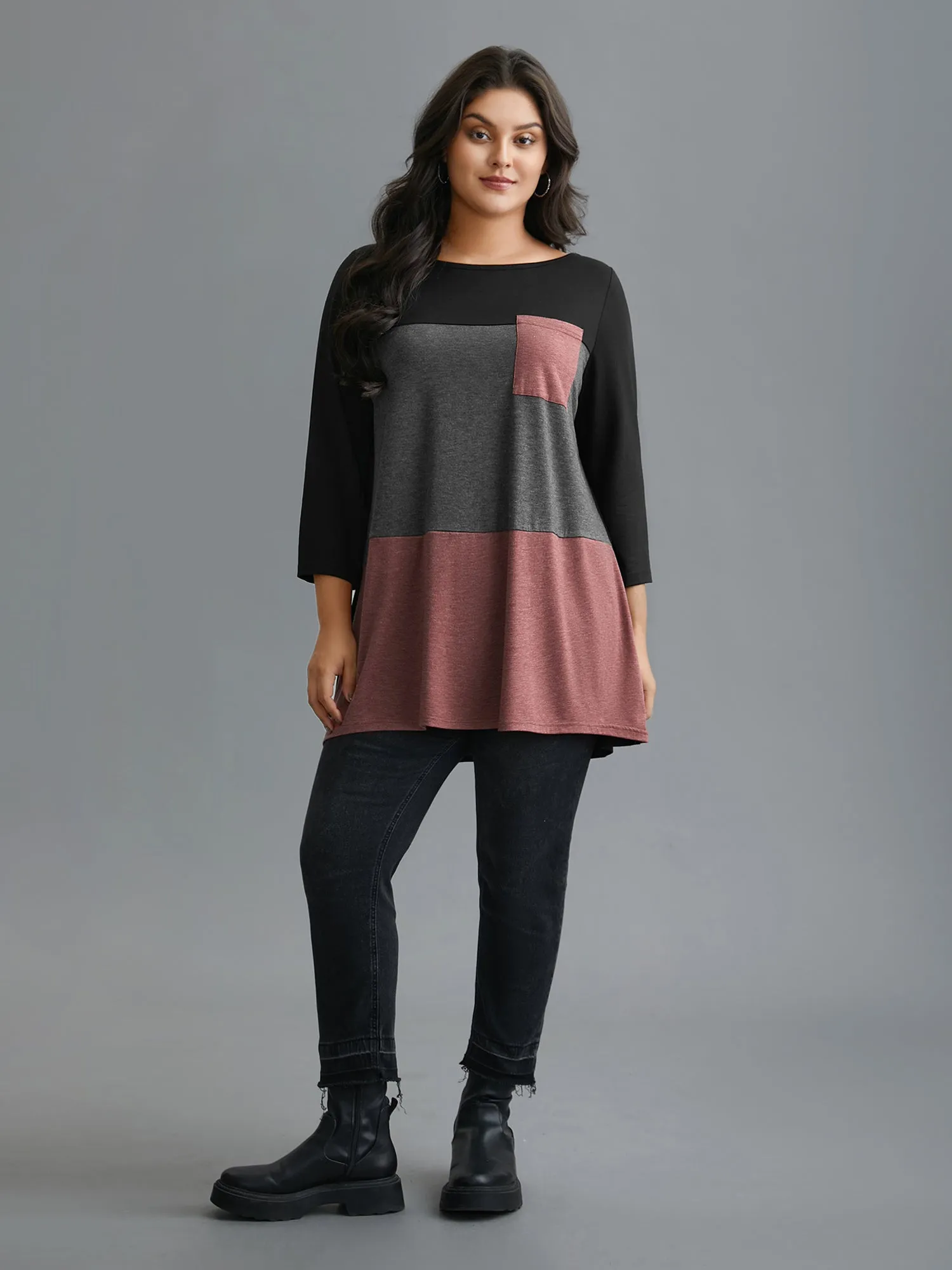 Color Block Chest Pocket Round Neck T-Shirt sold by Bloomchic product image thumbnail 4