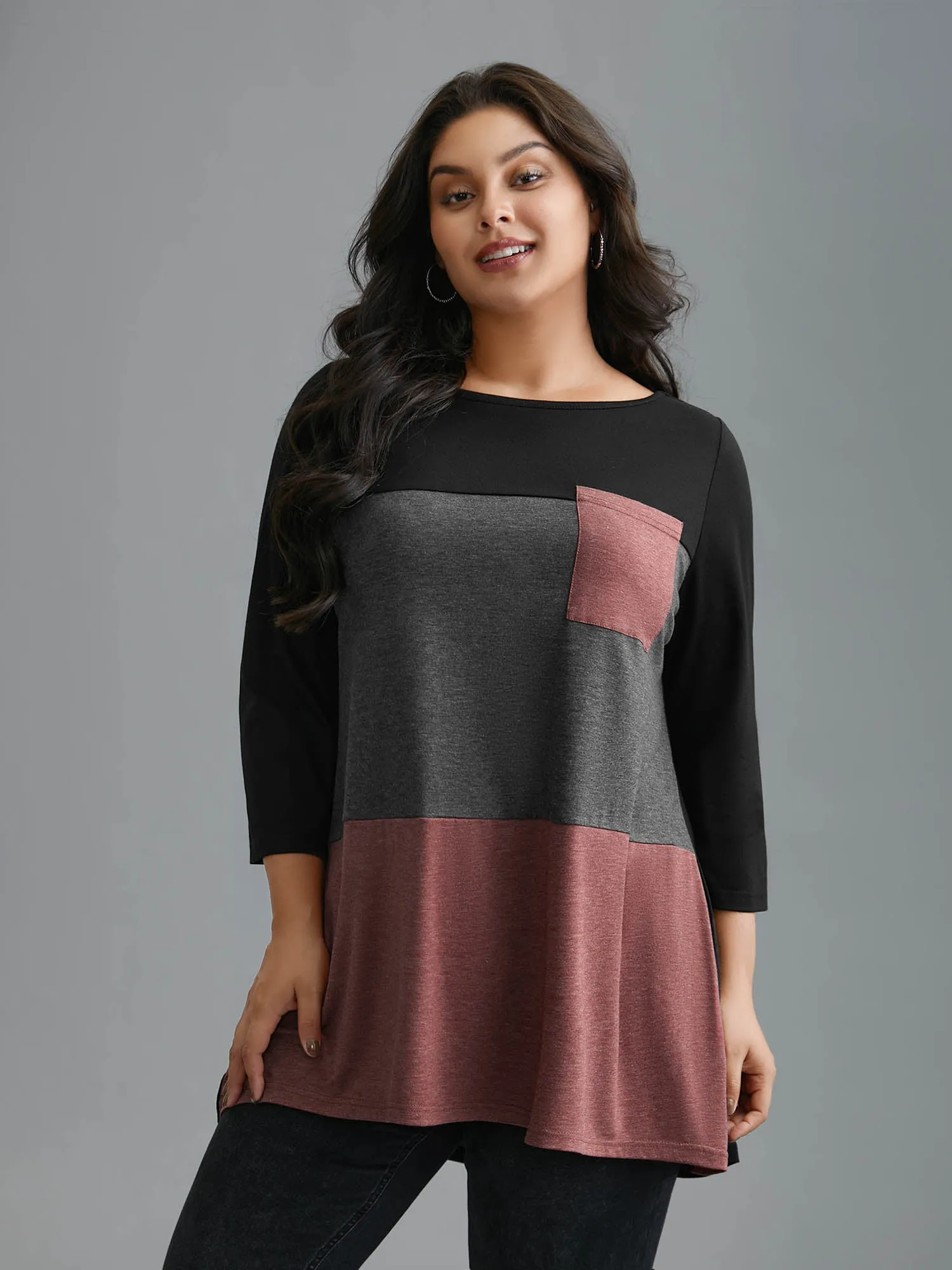 Color Block Chest Pocket Round Neck T-Shirt sold by Bloomchic product image thumbnail 2