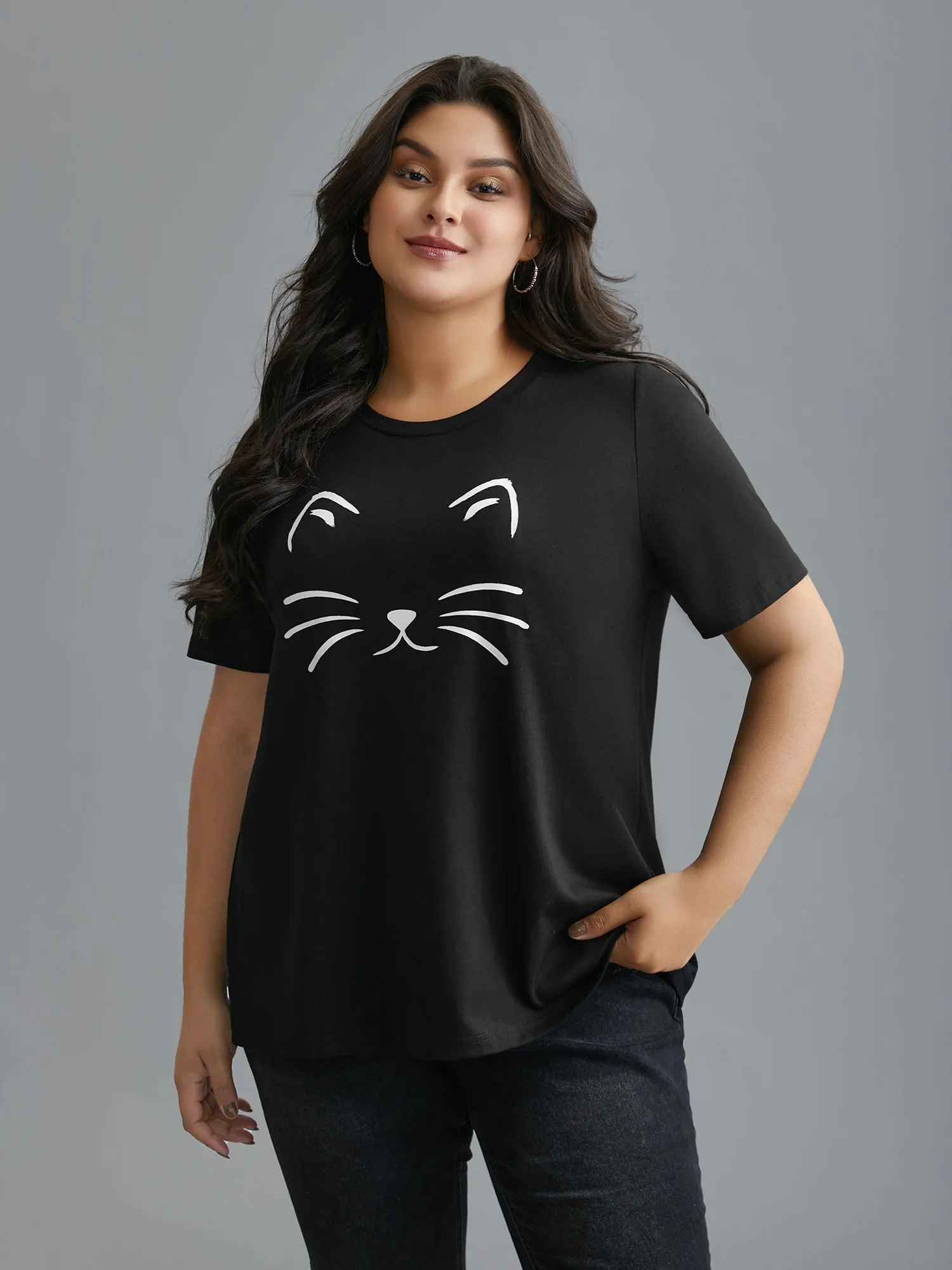 Meow Print Round Neck Slim-Fit T-shirt sold by Bloomchic product image thumbnail 3