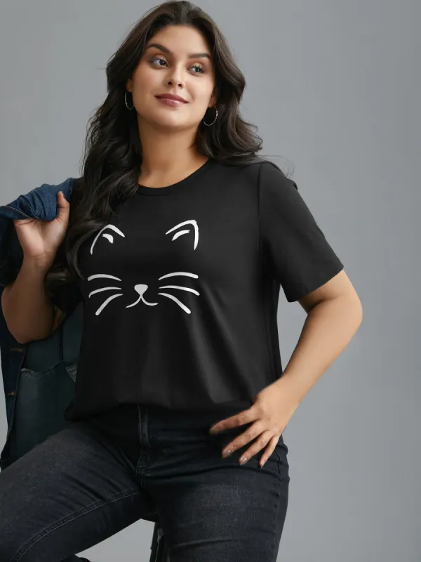 Meow Print Round Neck Slim-Fit T-shirt sold by Bloomchic