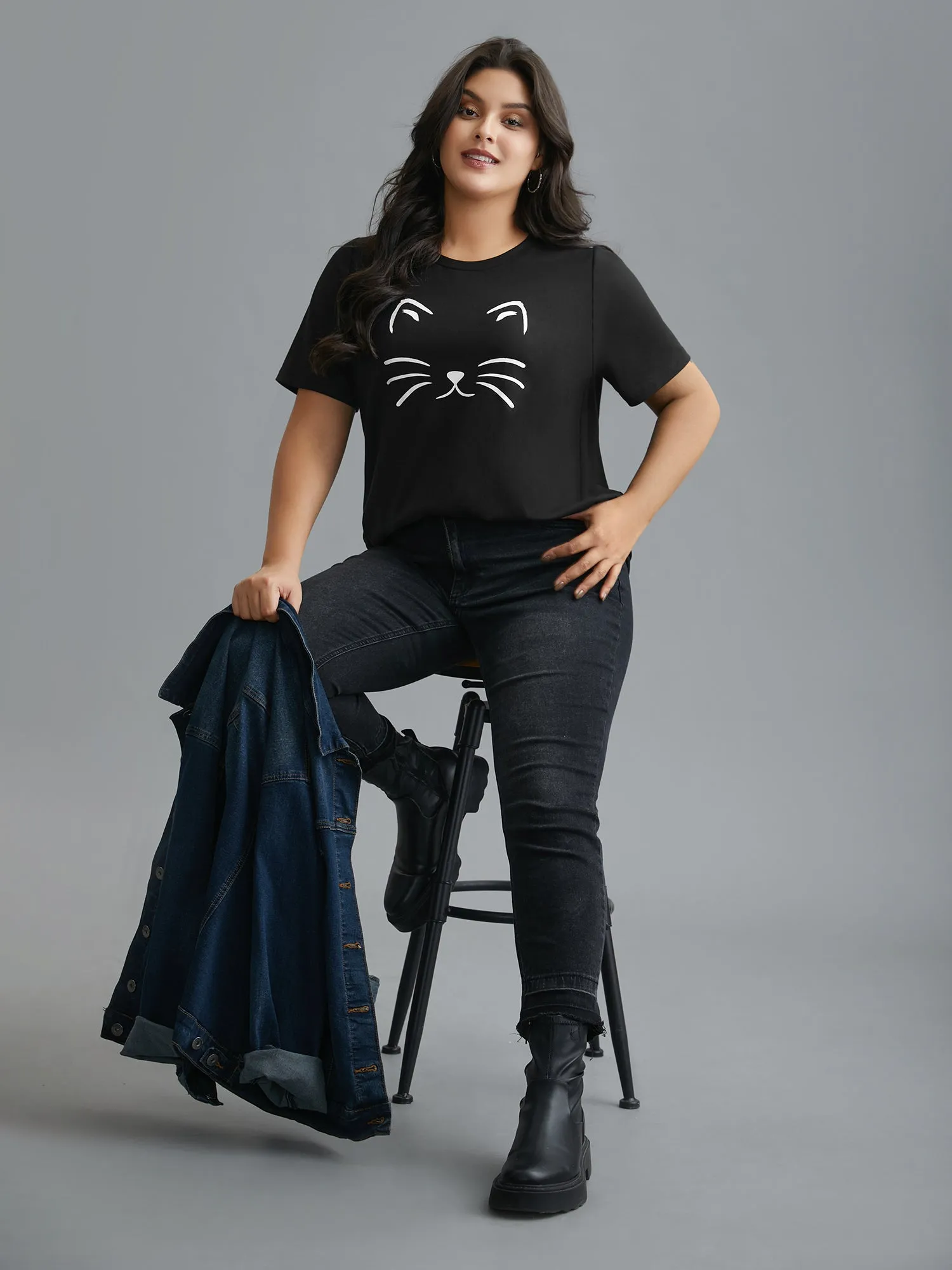 Meow Print Round Neck Slim-Fit T-shirt sold by Bloomchic product image thumbnail 4