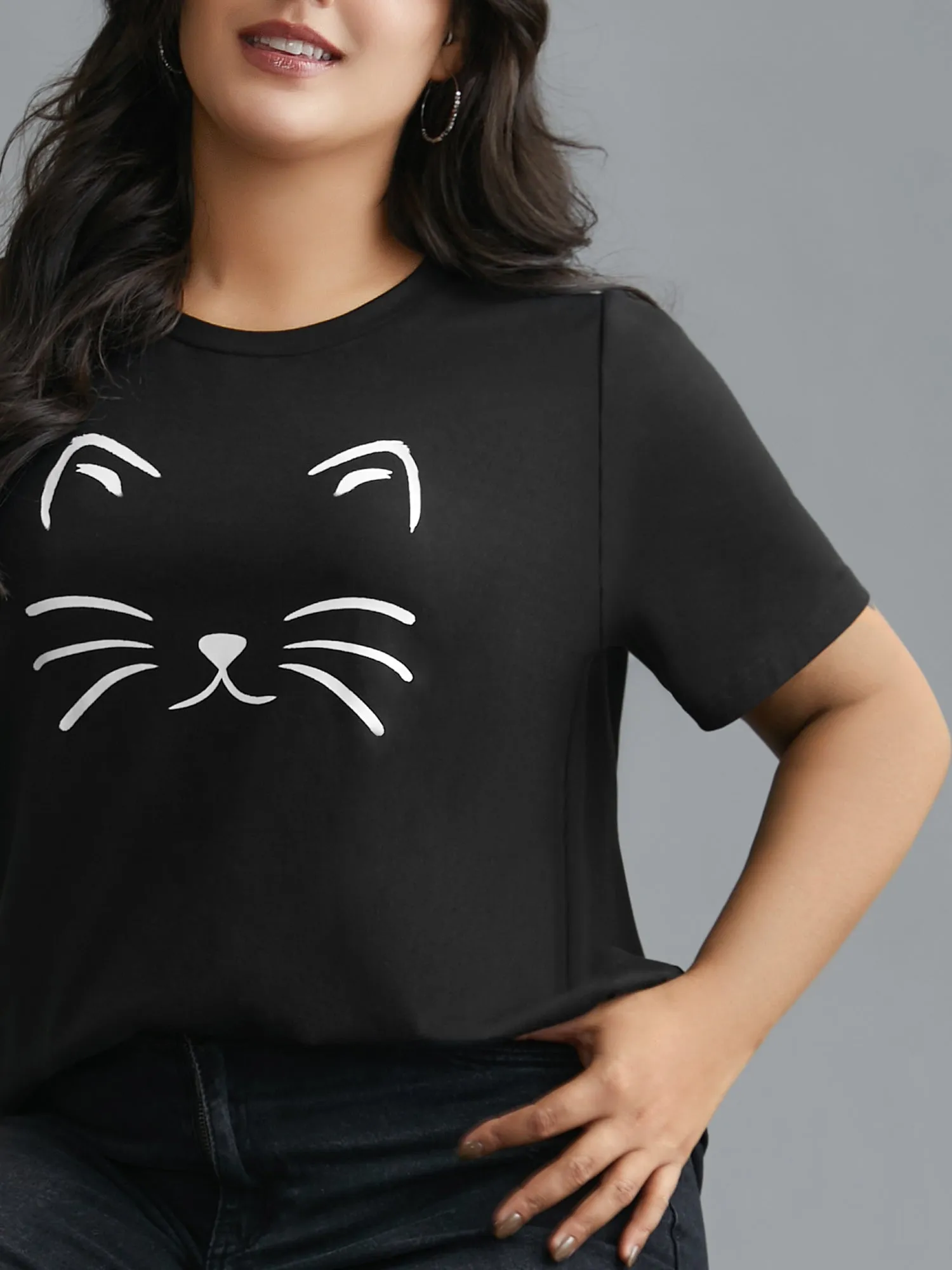 Meow Print Round Neck Slim-Fit T-shirt sold by Bloomchic product image thumbnail 5