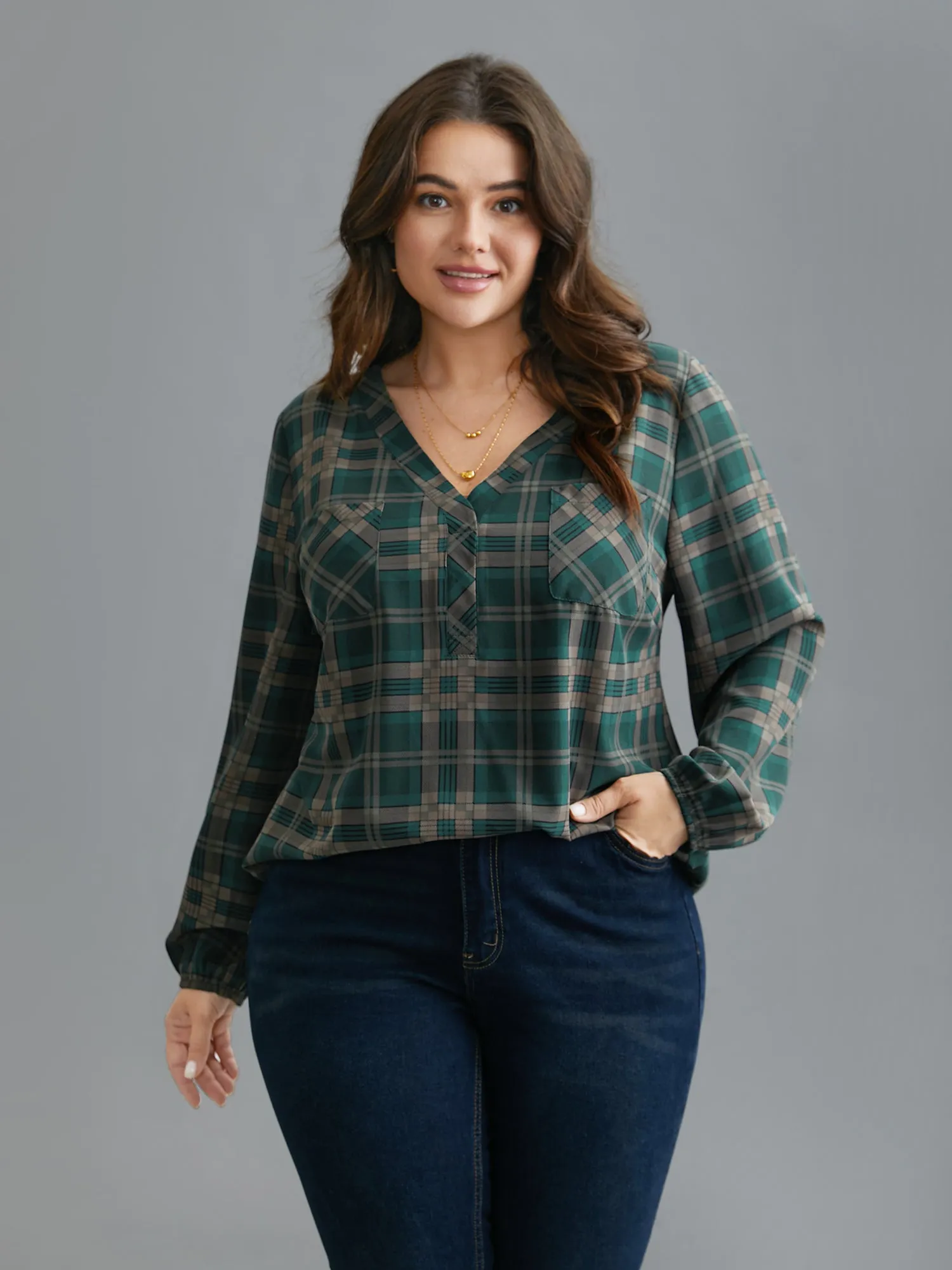 Plaid Pattern Chest Pocket Blouse sold by Bloomchic product image thumbnail 3