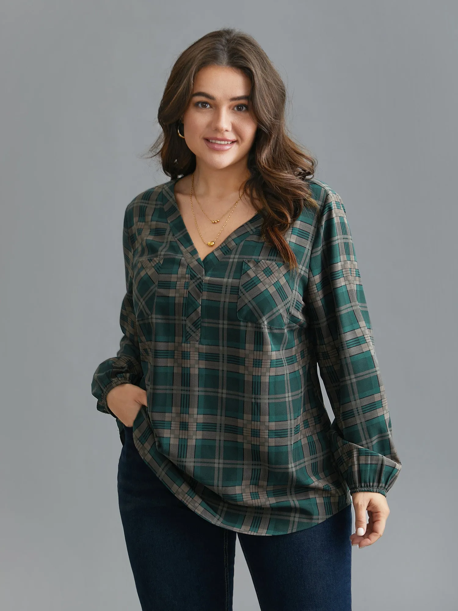 Plaid Pattern Chest Pocket Blouse sold by Bloomchic