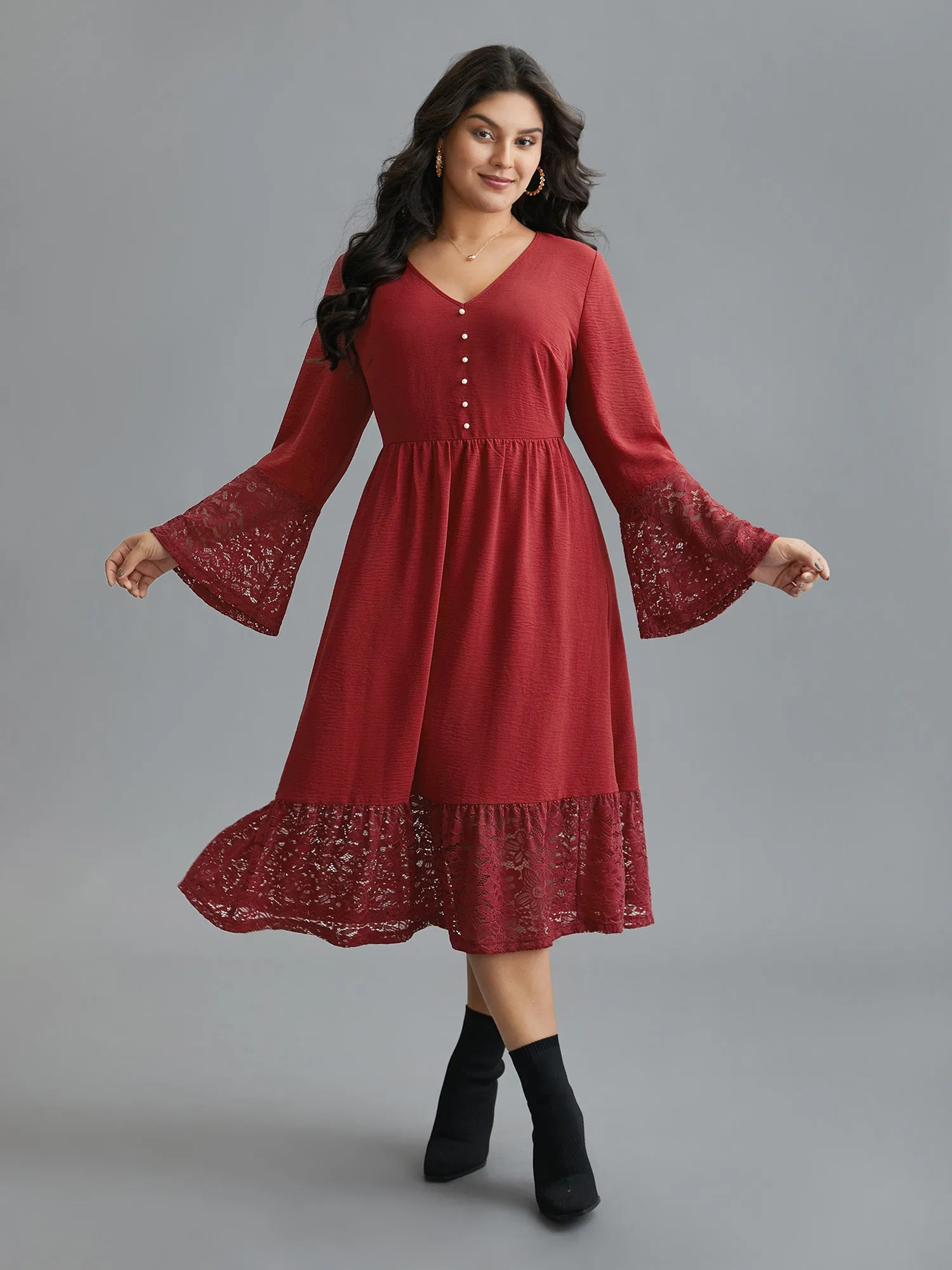 Lace Tiered Skirt Elastic Waist V-Neck Dress sold by Bloomchic