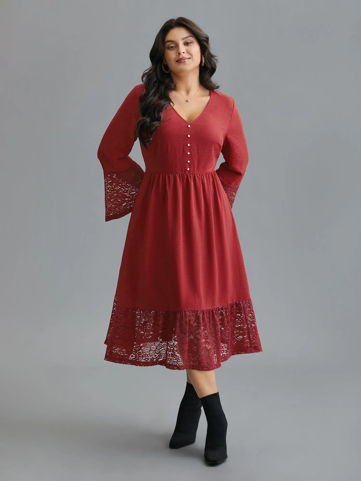 Lace Tiered Skirt Elastic Waist V-Neck Dress sold by Bloomchic product image thumbnail 3