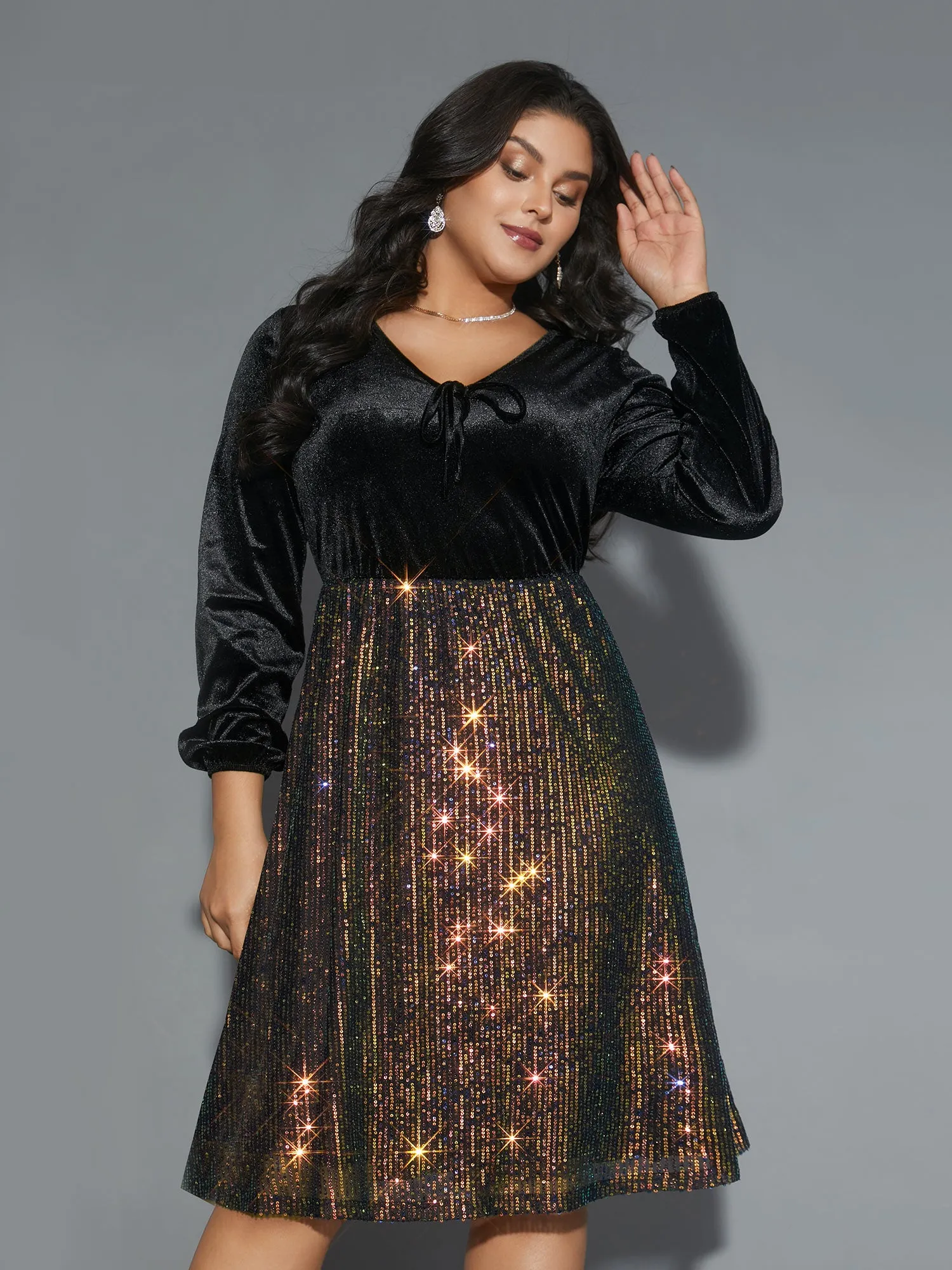 Velvet Sequin Patchwork Tie Knot Dress sold by Bloomchic