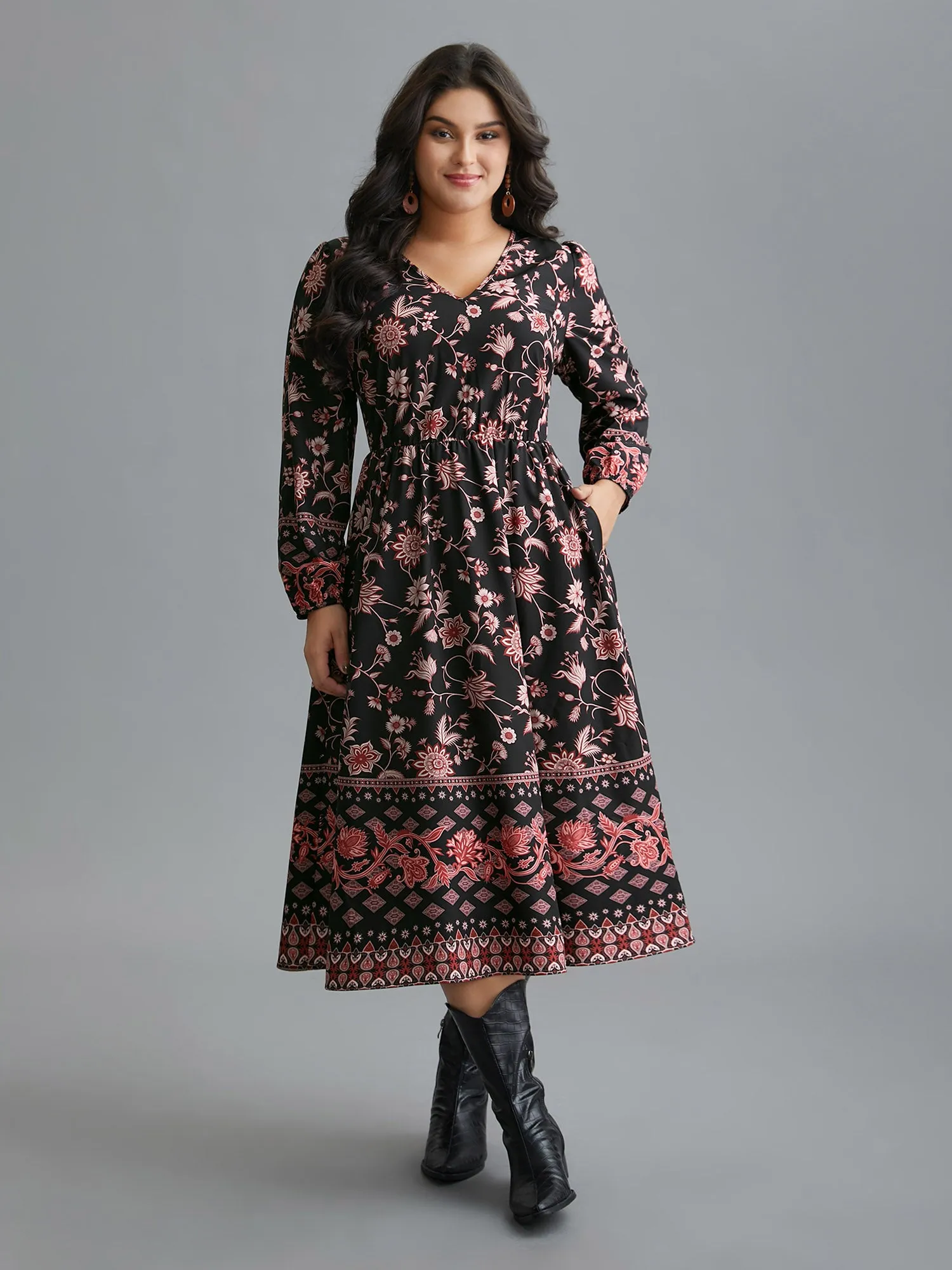 Floral Elastic Waist V-Neck Midi Dress sold by Bloomchic product image thumbnail 3