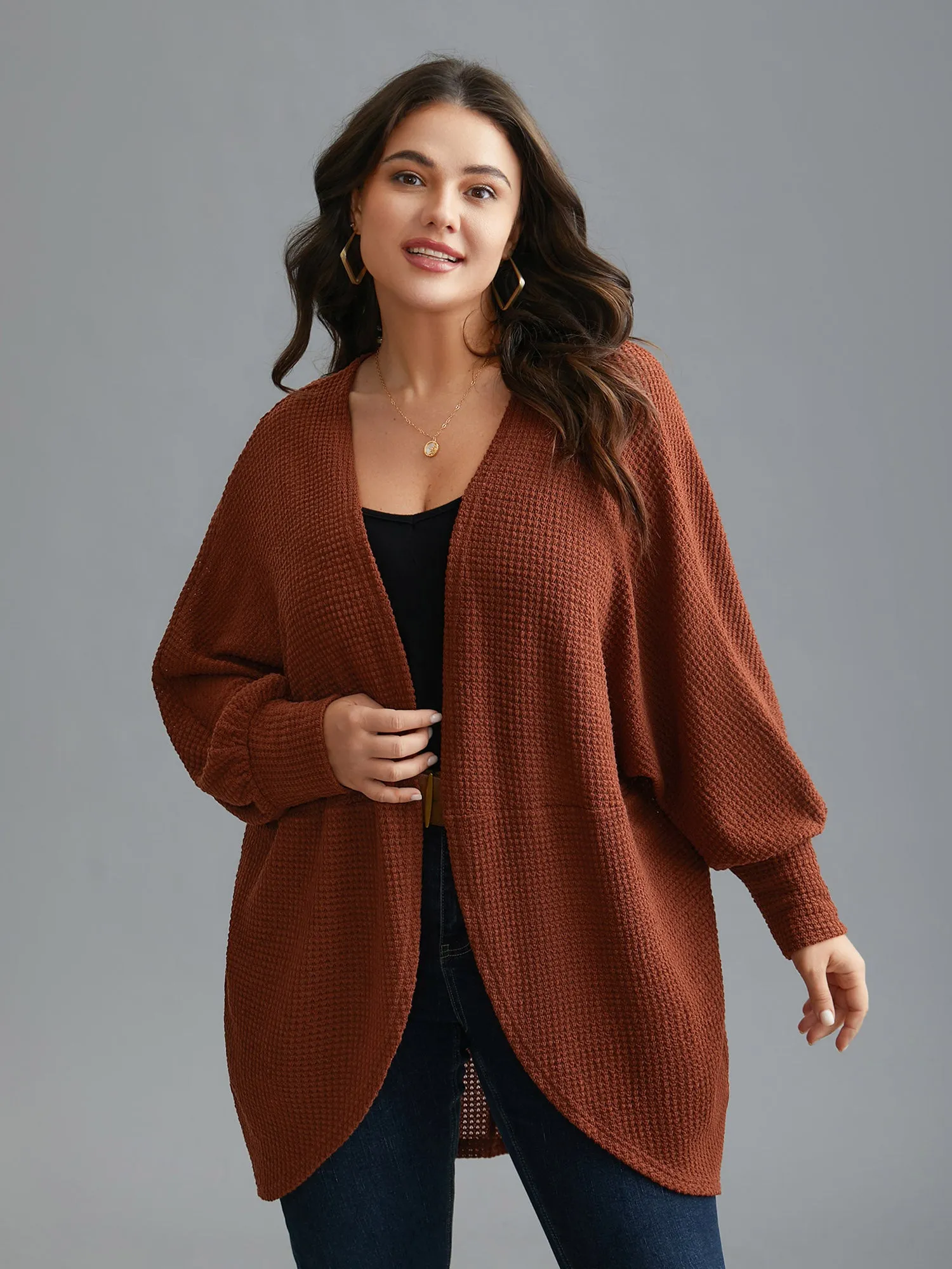 Textured Curved Hem Lantern Sleeve Cardigan sold by Bloomchic