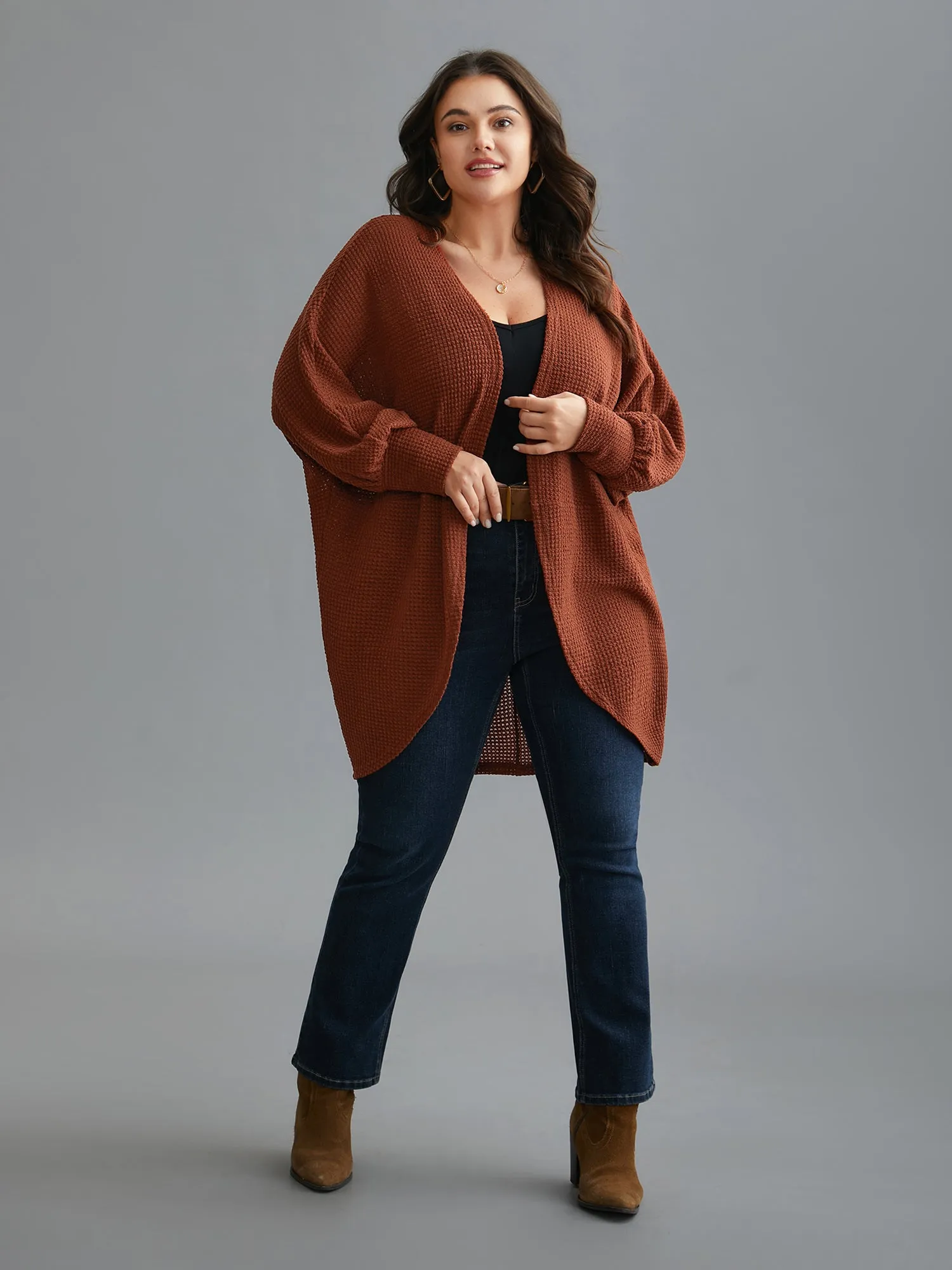 Textured Curved Hem Lantern Sleeve Cardigan sold by Bloomchic product image thumbnail 2