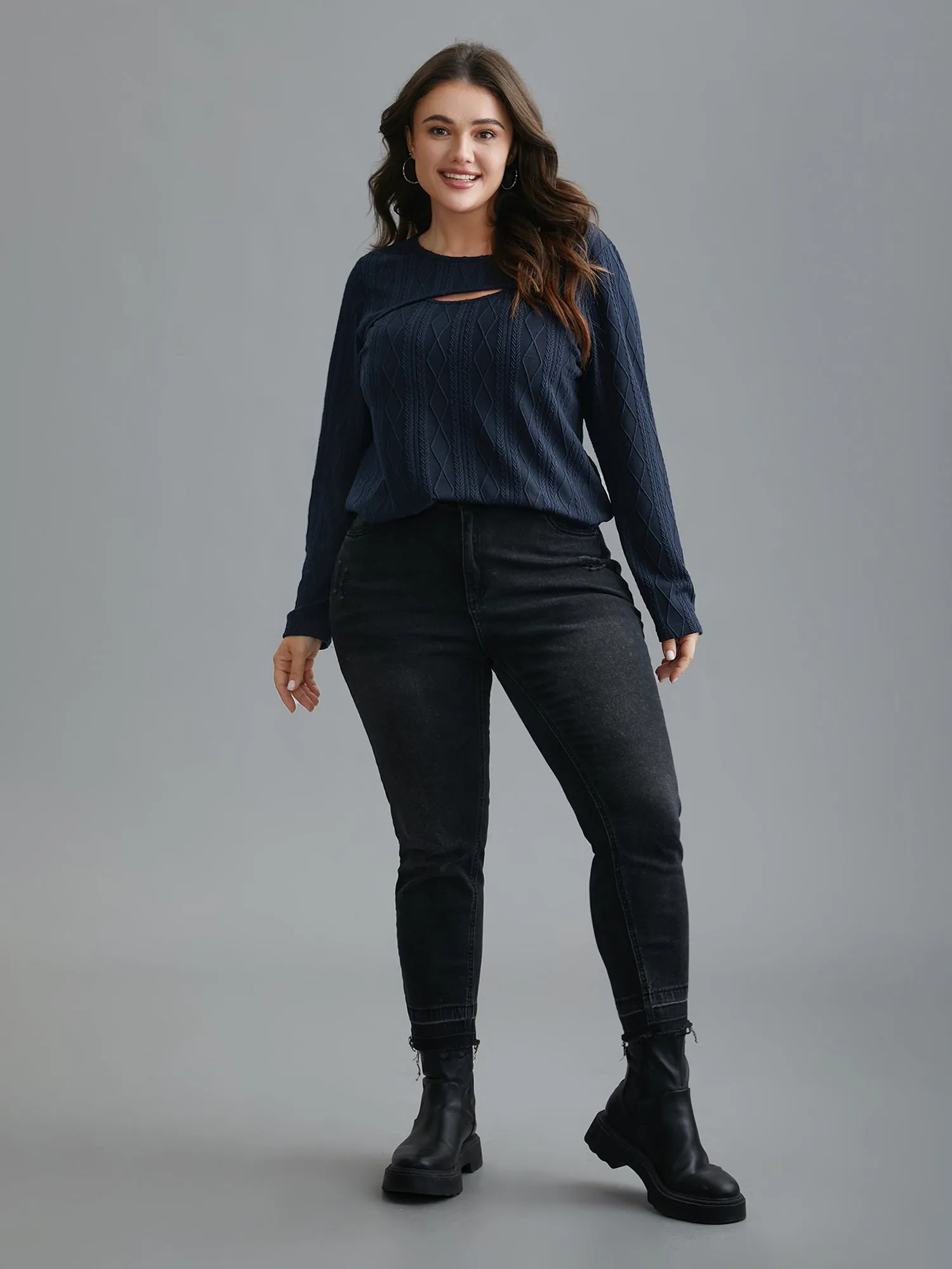 Neck Cut-Out Slim-Fit Textured Knit Top sold by Bloomchic product image thumbnail 2