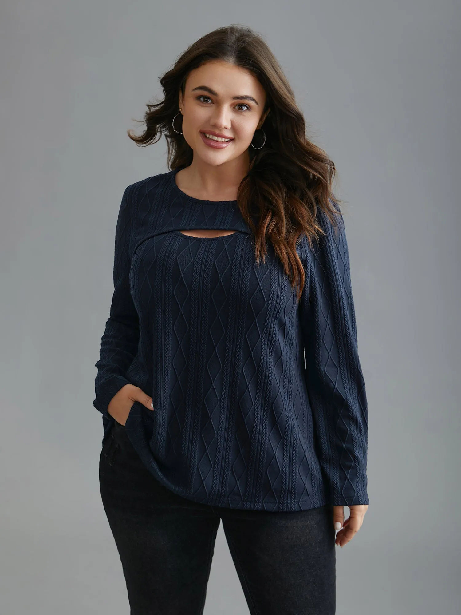 Neck Cut-Out Slim-Fit Textured Knit Top sold by Bloomchic