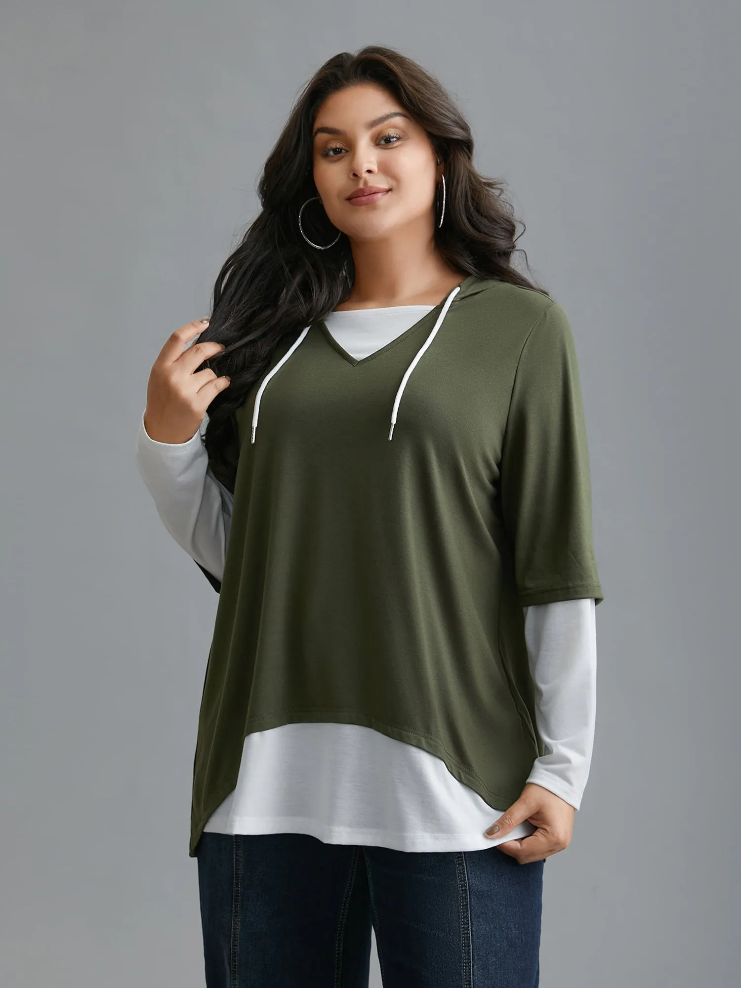 Color Contrast Combined Hoodie Shirt sold by Bloomchic