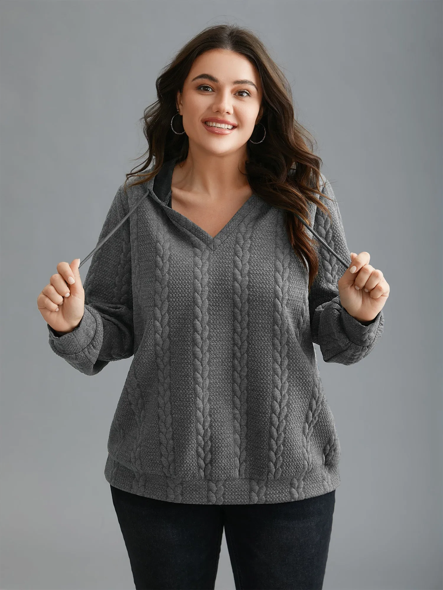 Cable Knit V-Neck Ribbed Hem Hoodie sold by Bloomchic