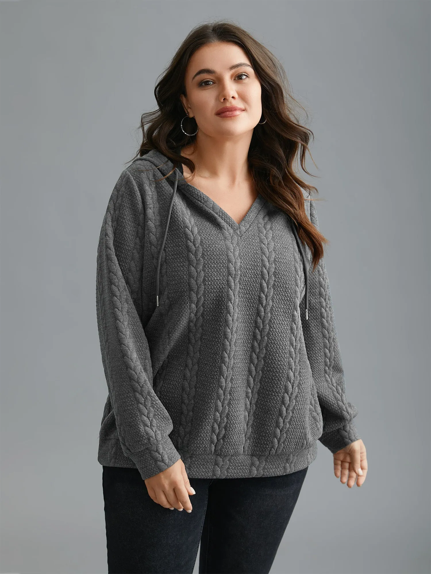 Cable Knit V-Neck Ribbed Hem Hoodie sold by Bloomchic product image thumbnail 2