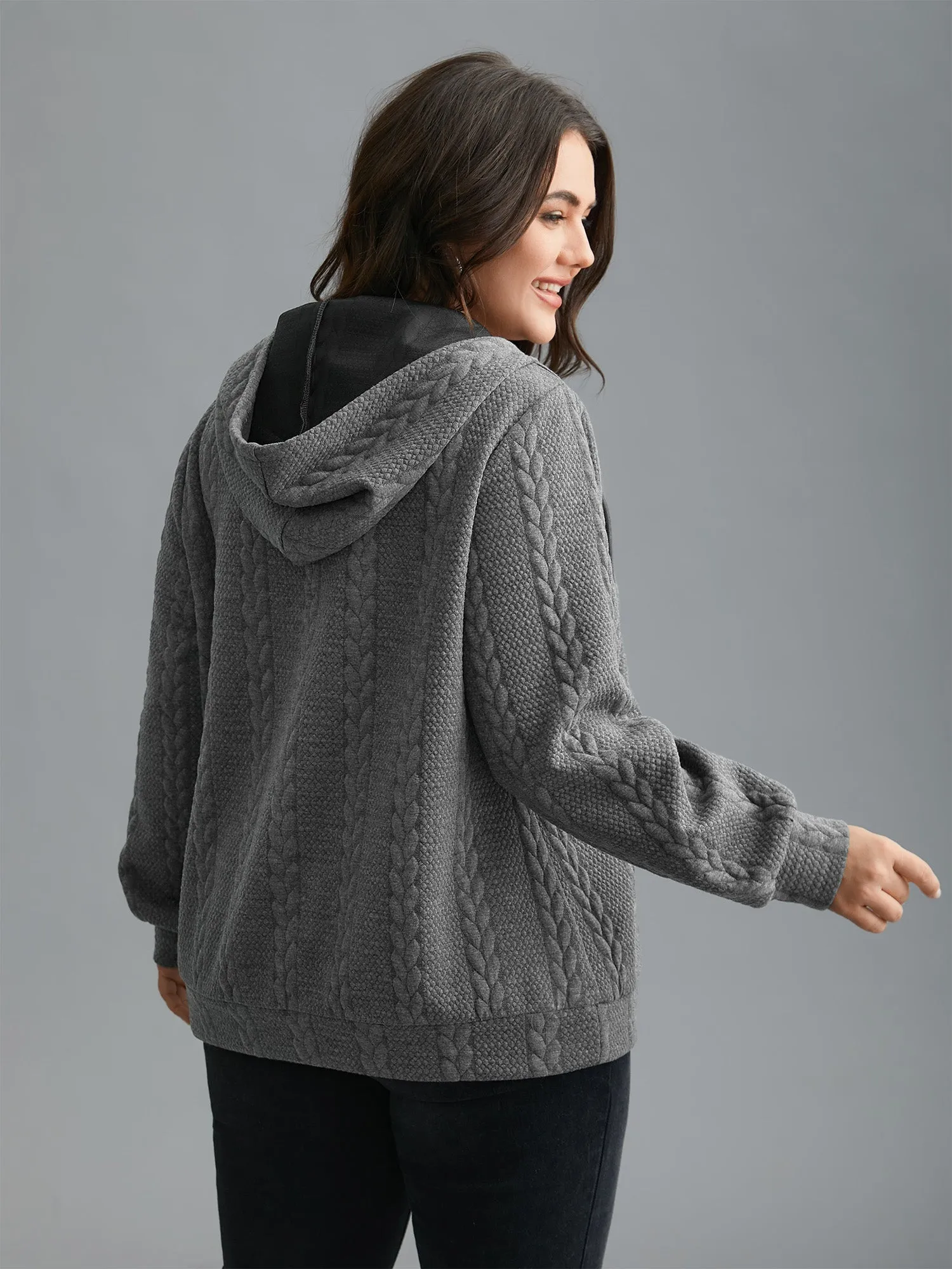 Cable Knit V-Neck Ribbed Hem Hoodie sold by Bloomchic product image thumbnail 5
